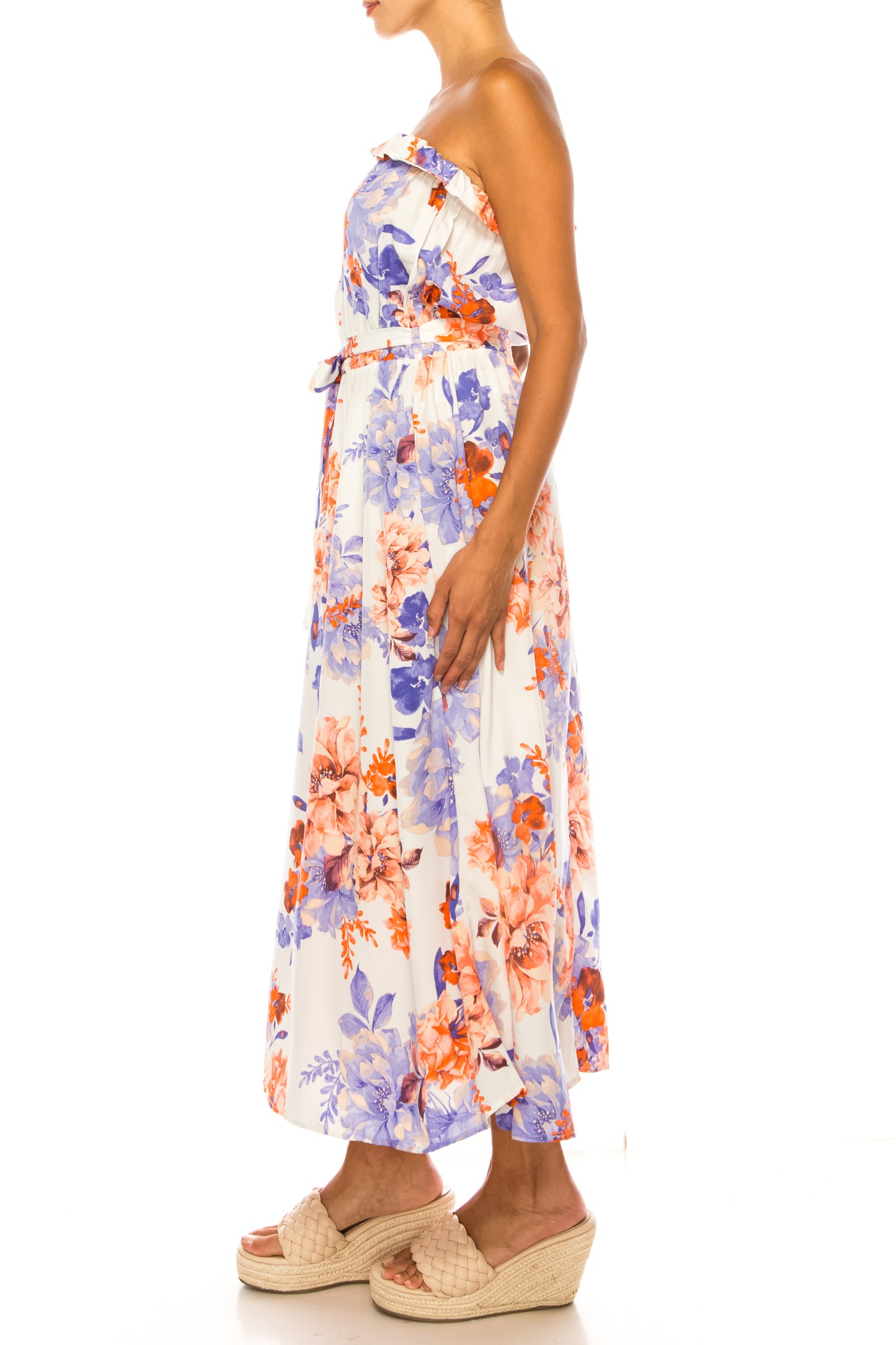 Vivid Floral Belted A-Line Strapless Maxi Dress