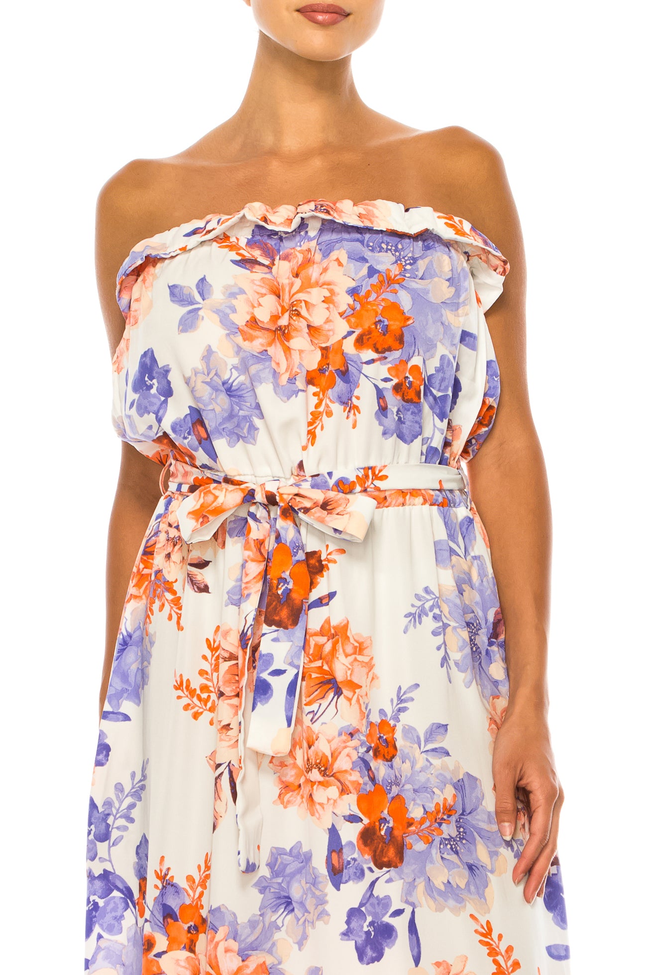 Vivid Floral Belted A-Line Strapless Maxi Dress