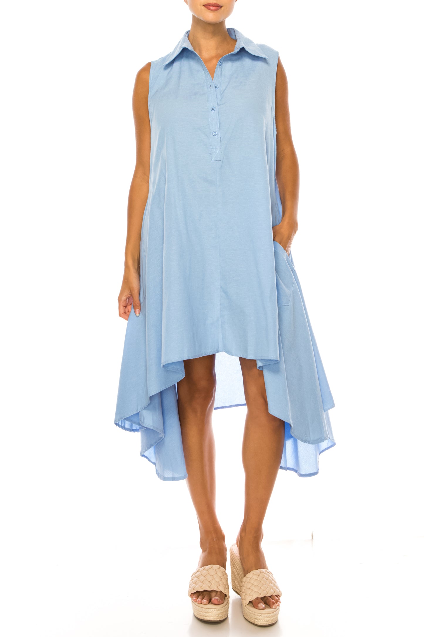 Vivid Sleeveless Split-Neck Uneven Hem Shirt Dress