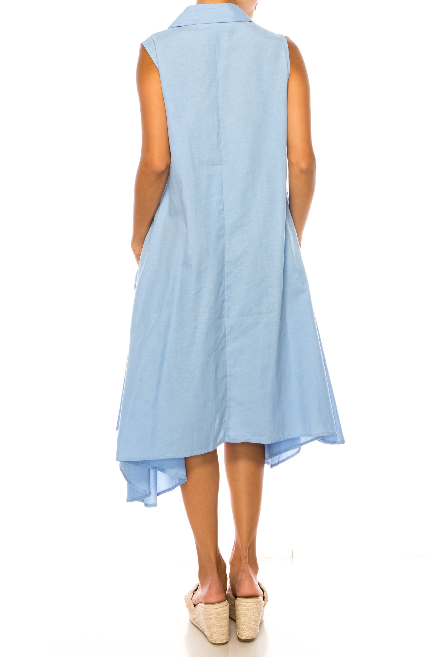 Vivid Sleeveless Split-Neck Uneven Hem Shirt Dress