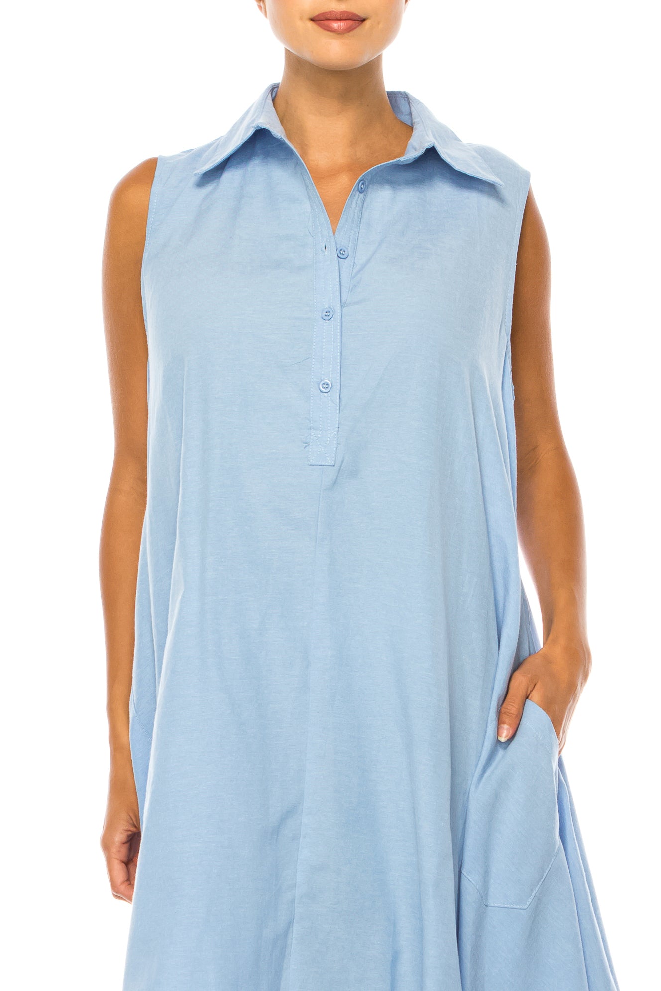 Vivid Sleeveless Split-Neck Uneven Hem Shirt Dress