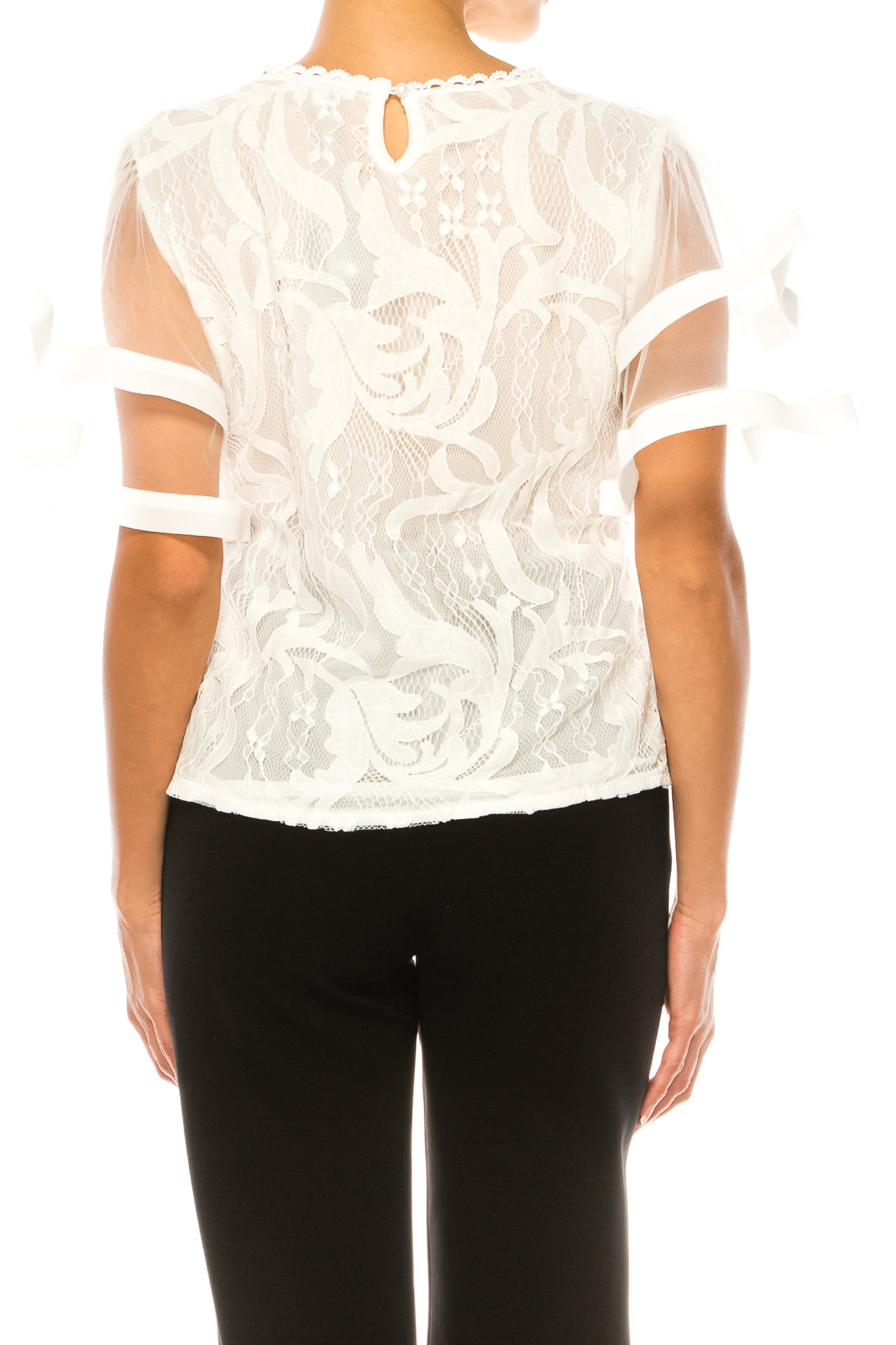 Vivid Short Tiered Bell Sheer Sleeve Lace Top