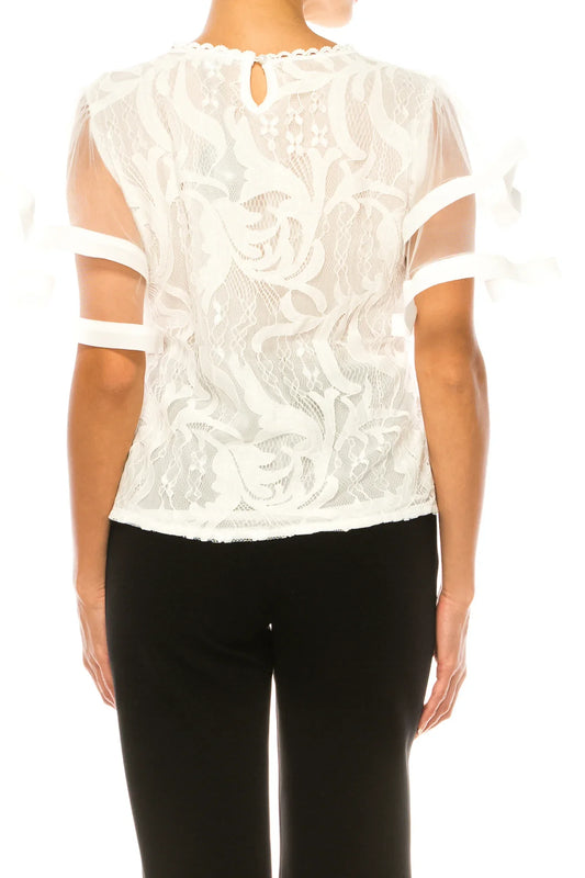 Vivid Short Tiered Bell Sheer Sleeve Lace Top