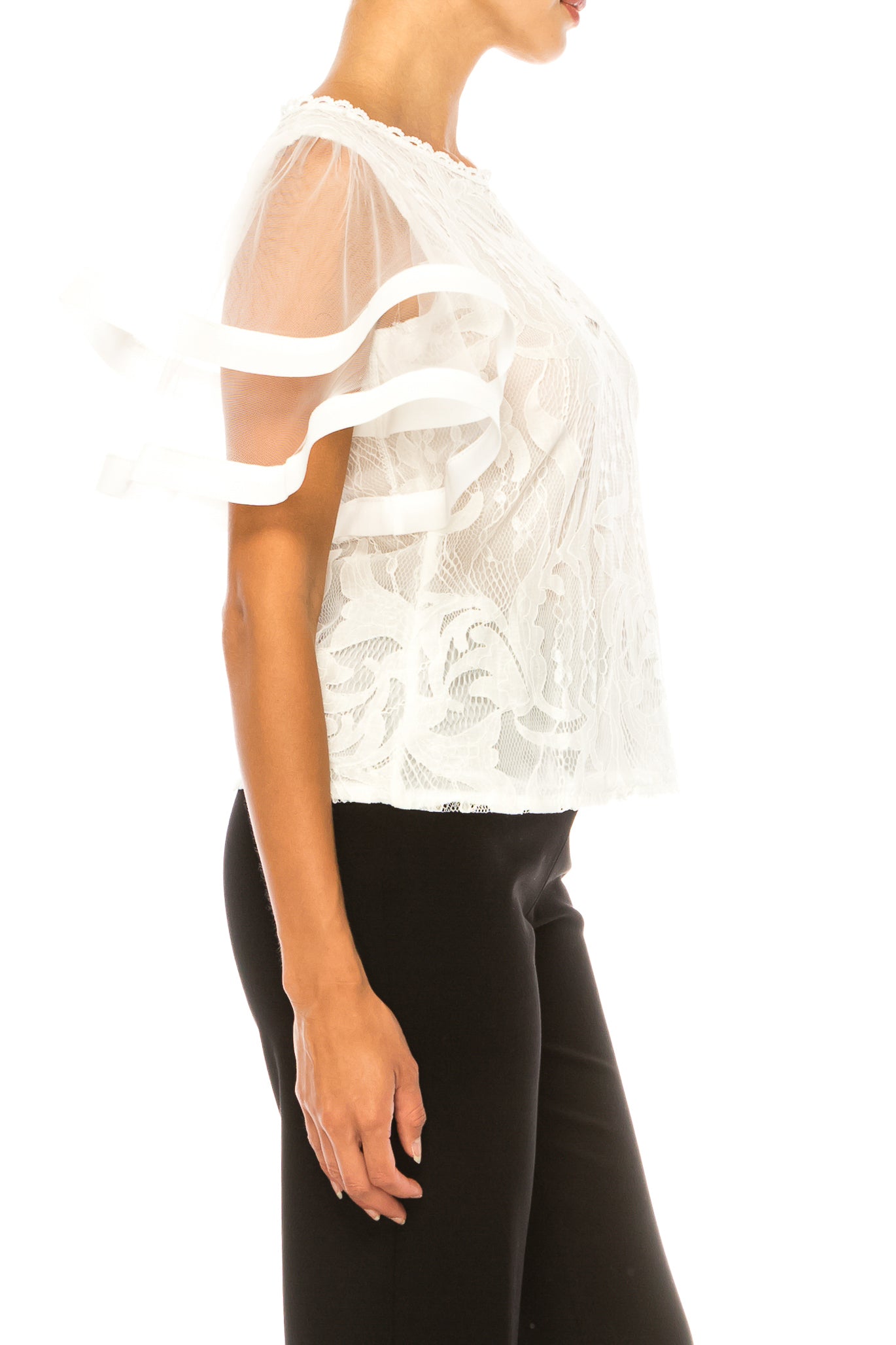 Vivid Short Tiered Bell Sheer Sleeve Lace Top