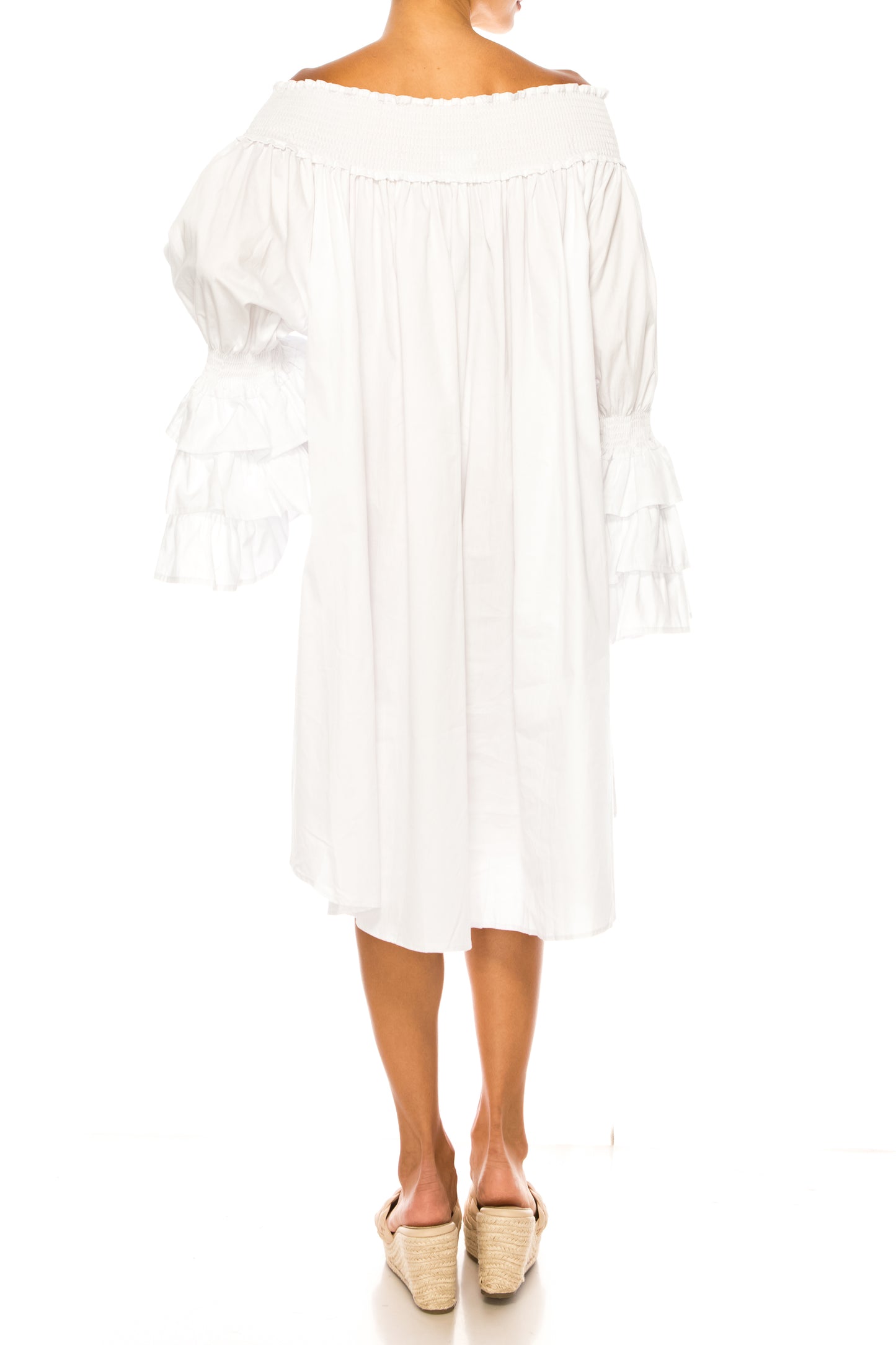 Vivid Tiered Sleeve Smocked Off the Shoulder Dress
