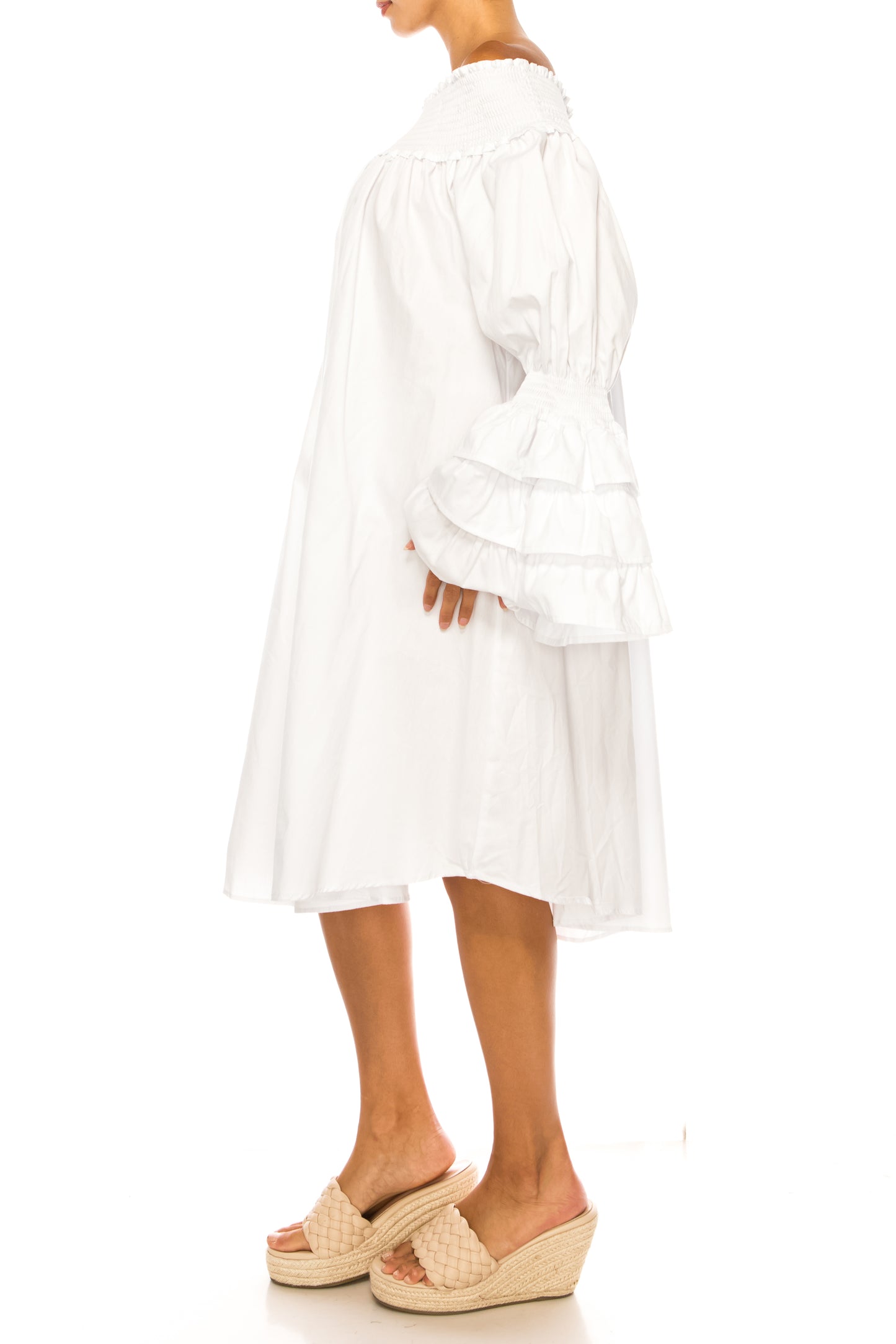 Vivid Tiered Sleeve Smocked Off the Shoulder Dress