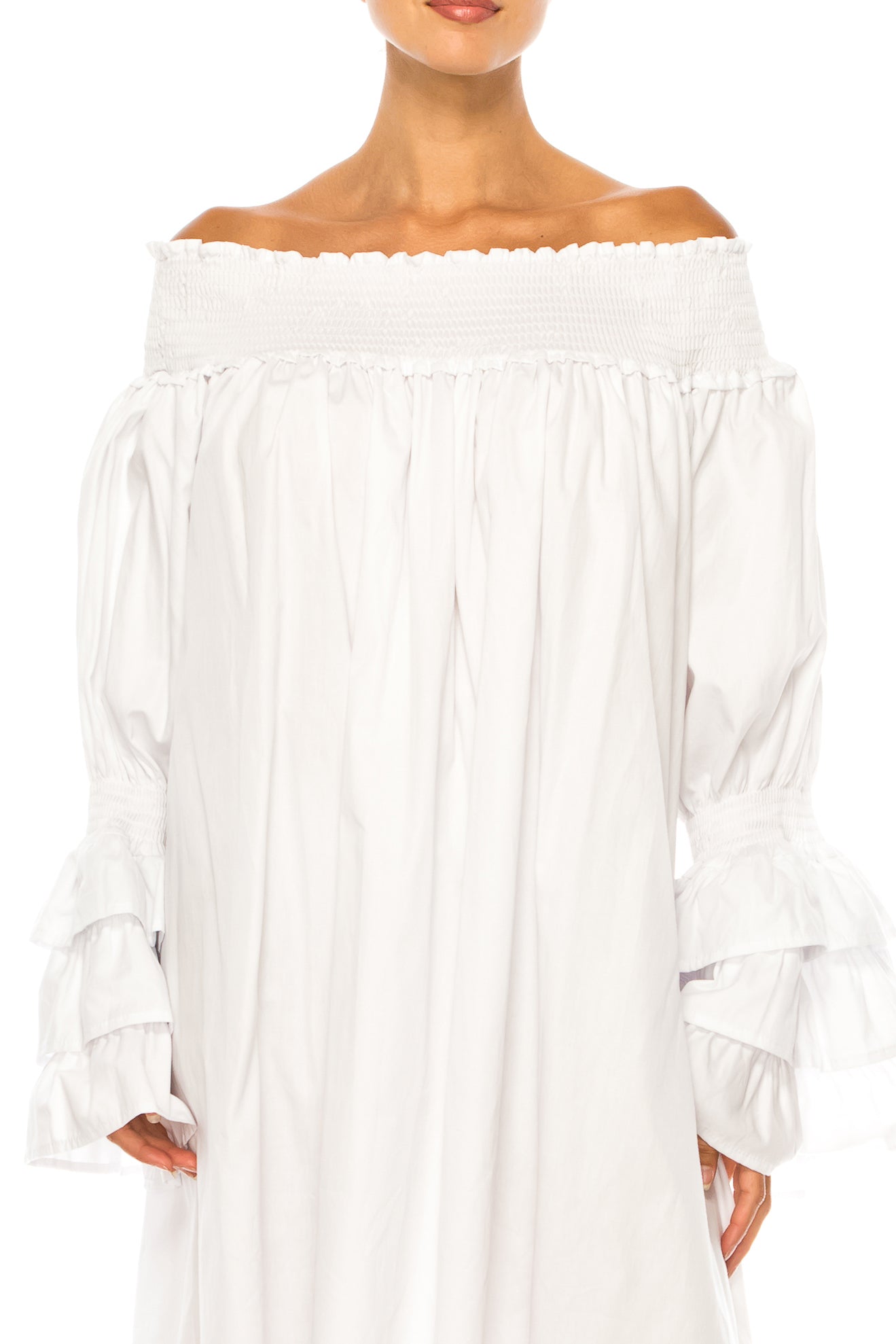 Vivid Tiered Sleeve Smocked Off the Shoulder Dress