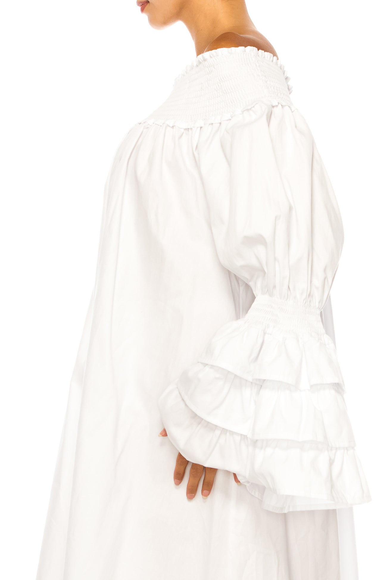 Vivid Tiered Sleeve Smocked Off the Shoulder Dress