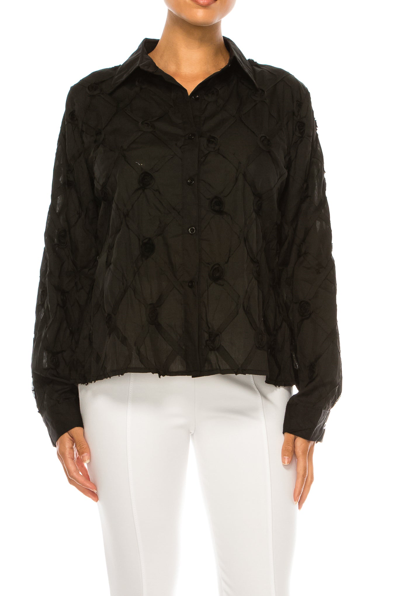 Vivid Long Sleeve Ribbon Applique Button Down Top
