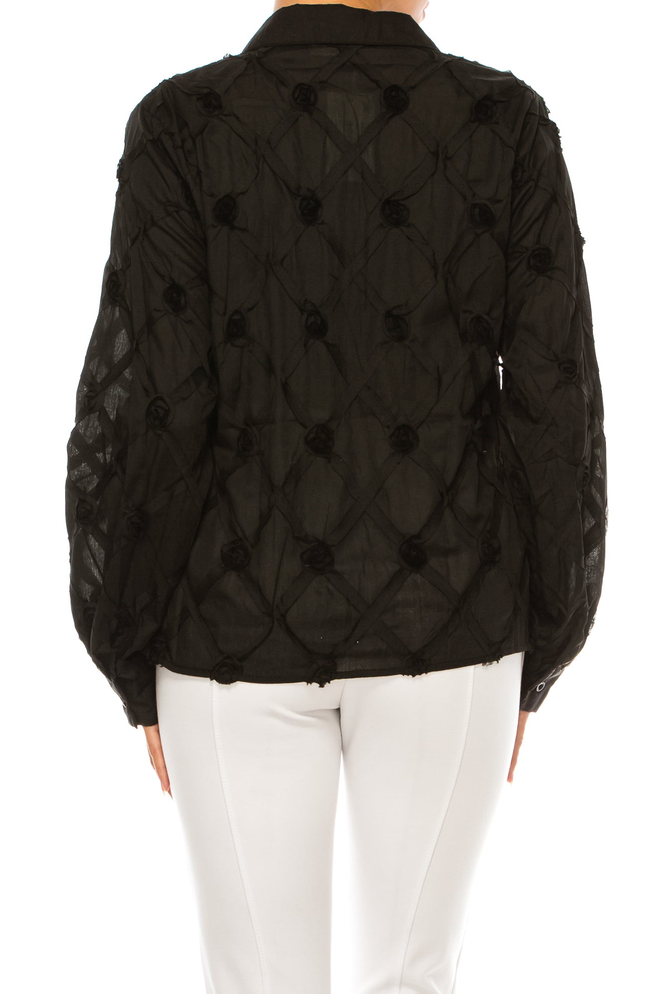 Vivid Long Sleeve Ribbon Applique Button Down Top