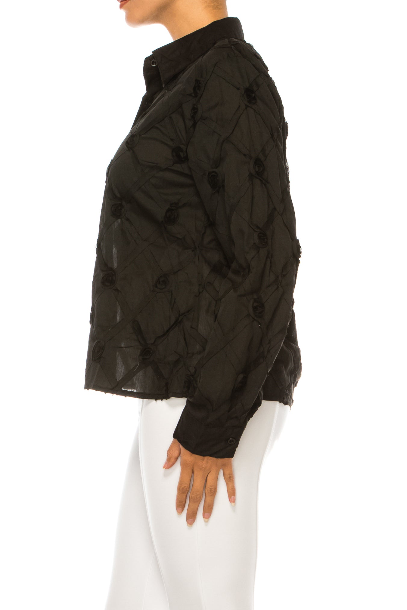 Vivid Long Sleeve Ribbon Applique Button Down Top