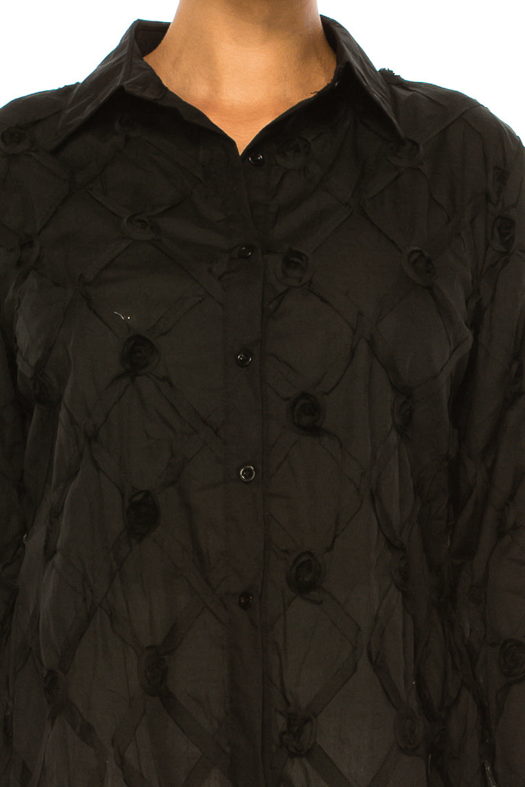 Vivid Long Sleeve Ribbon Applique Button Down Top