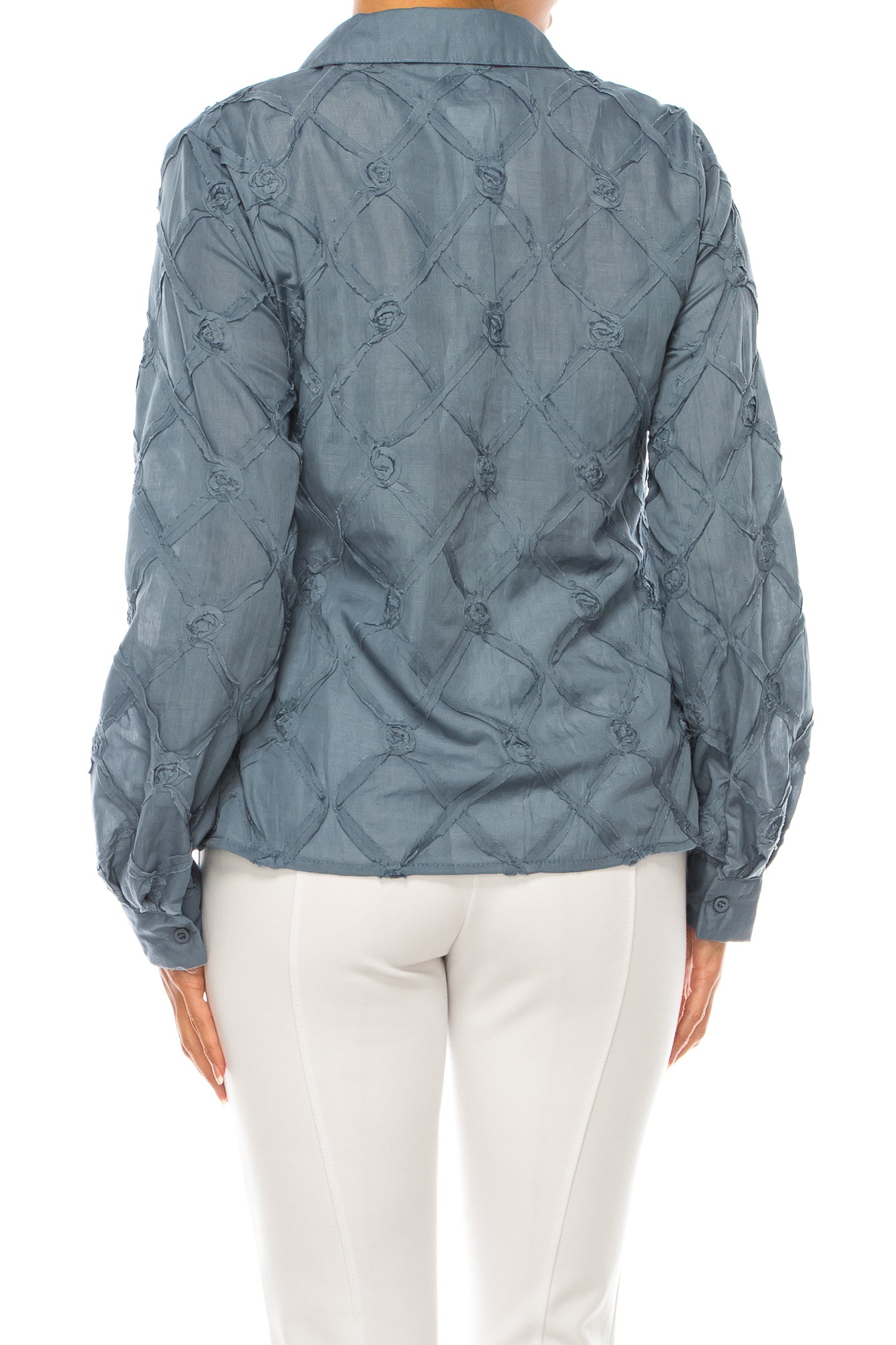 Vivid Long Sleeve Ribbon Applique Button Down Top