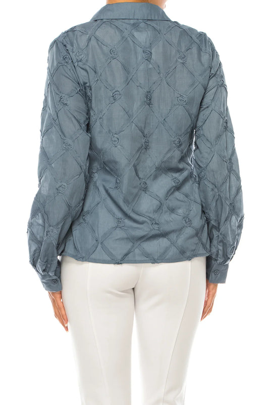 Vivid Long Sleeve Ribbon Applique Button Down Top