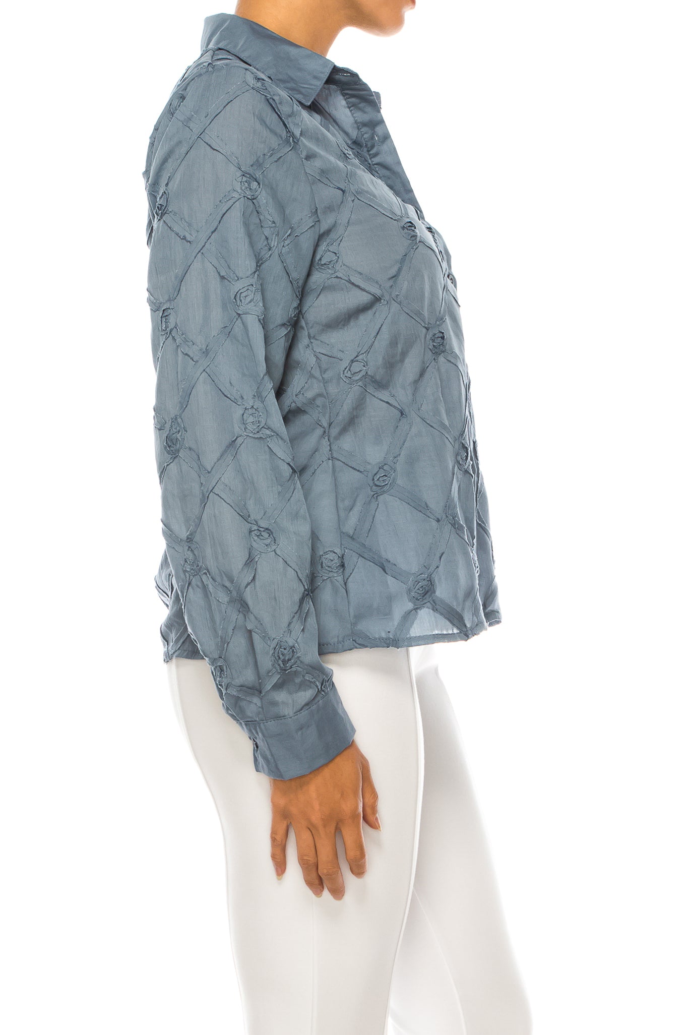 Vivid Long Sleeve Ribbon Applique Button Down Top