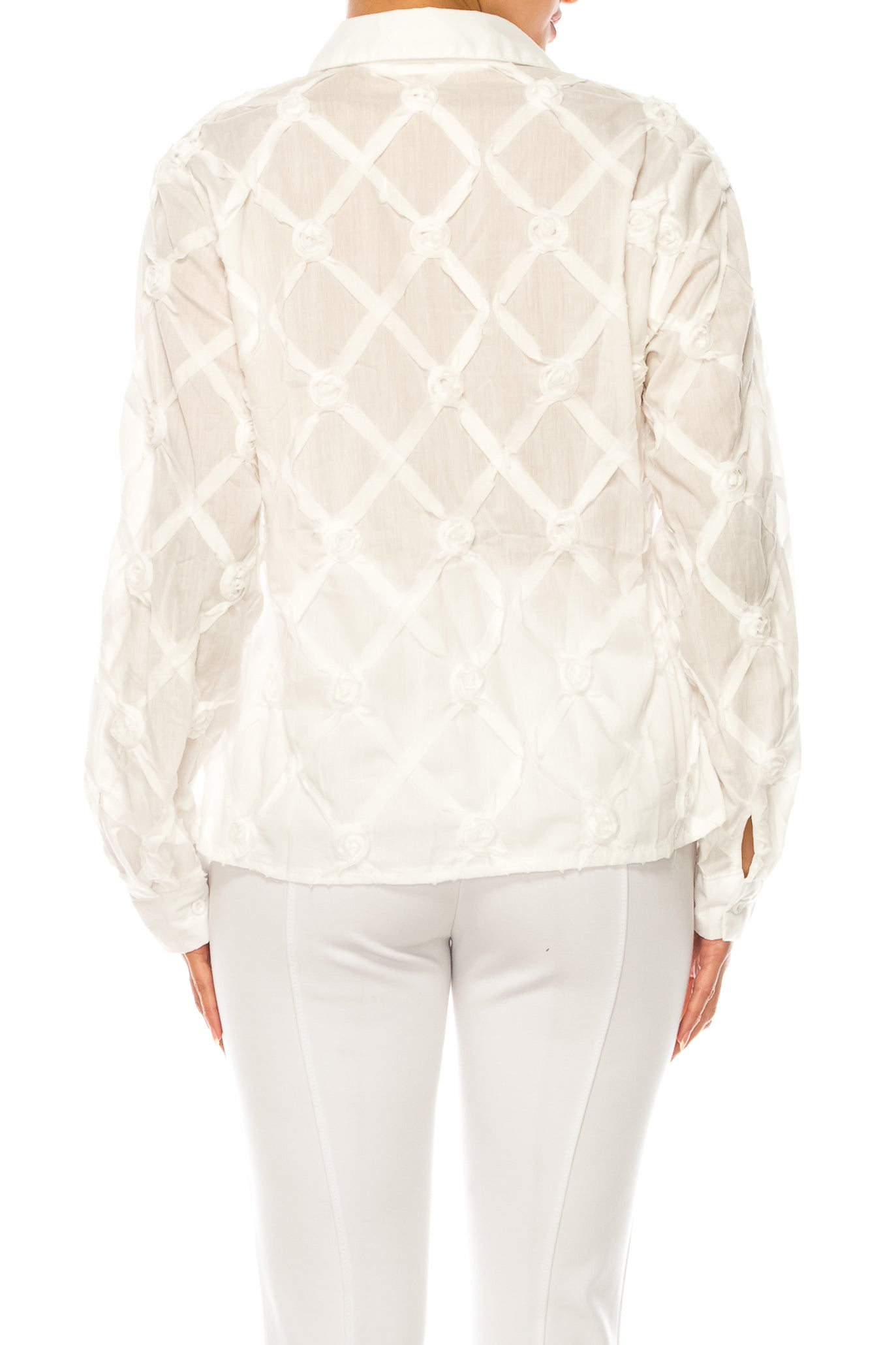 Vivid Long Sleeve Ribbon Applique Button Down Top