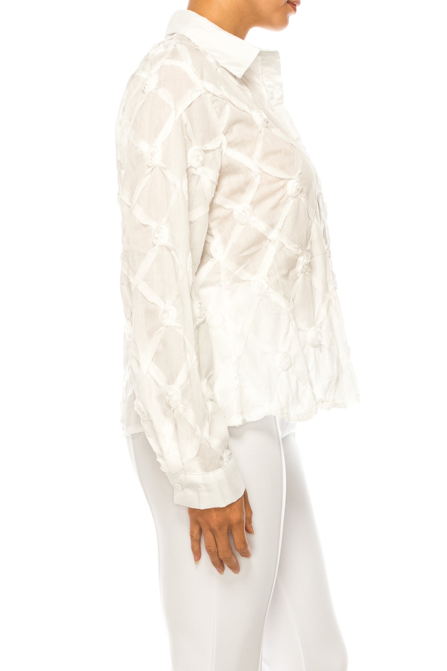 Vivid Long Sleeve Ribbon Applique Button Down Top