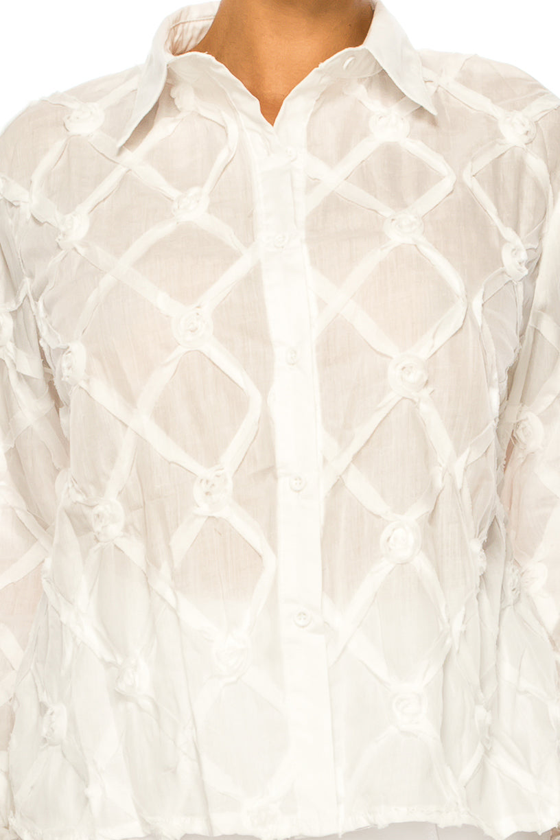 Vivid Long Sleeve Ribbon Applique Button Down Top