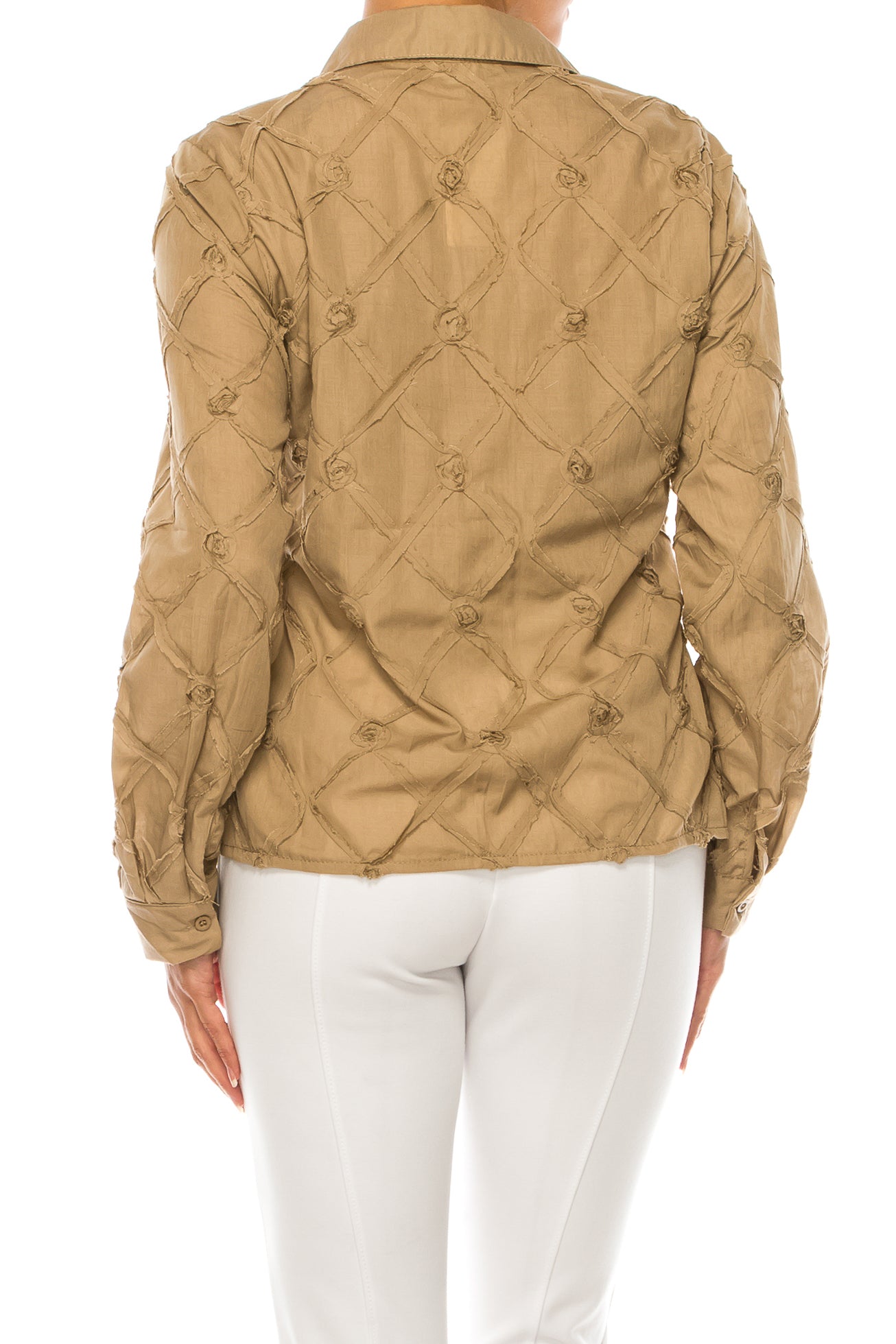 Vivid Long Sleeve Ribbon Applique Button Down Top