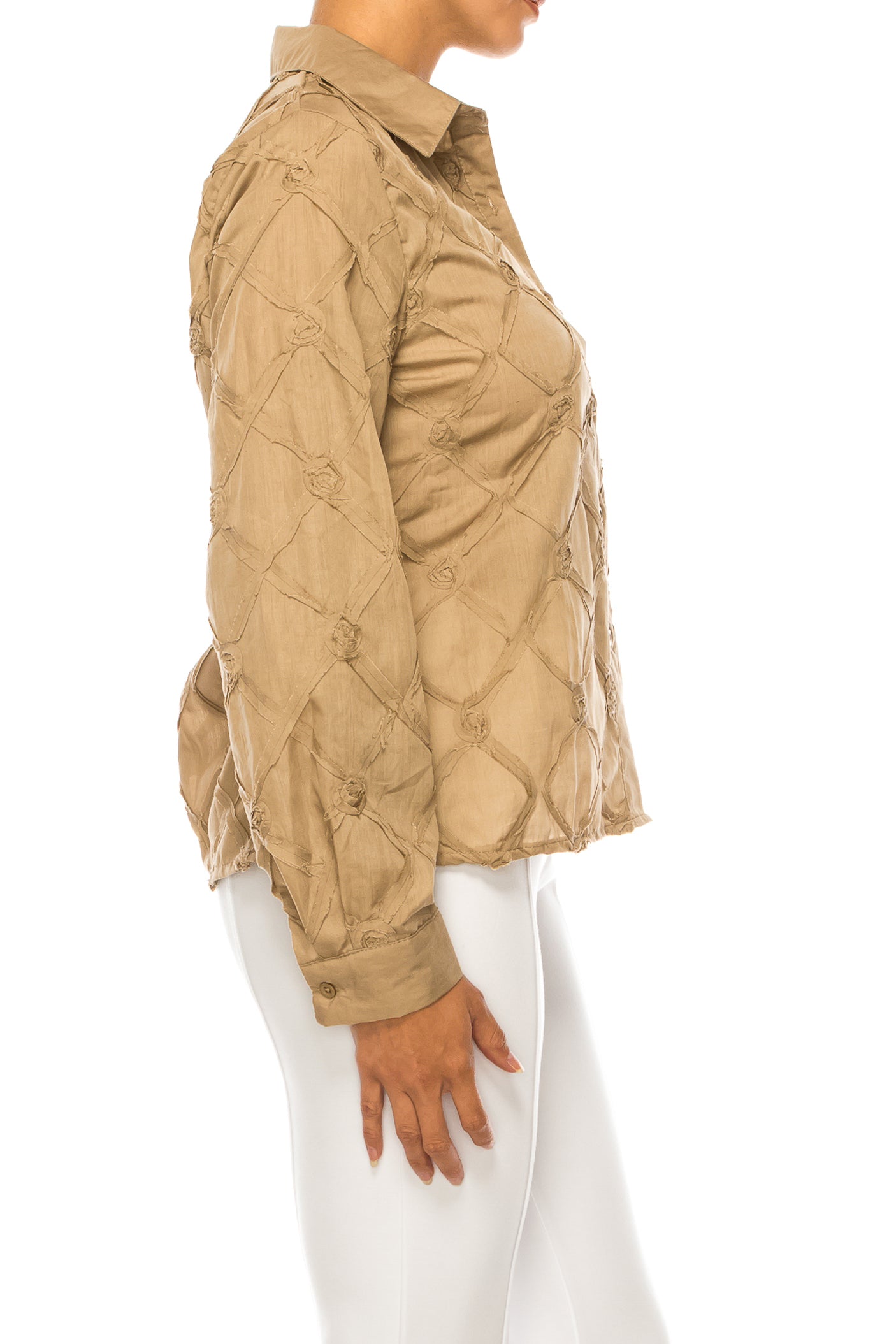 Vivid Long Sleeve Ribbon Applique Button Down Top