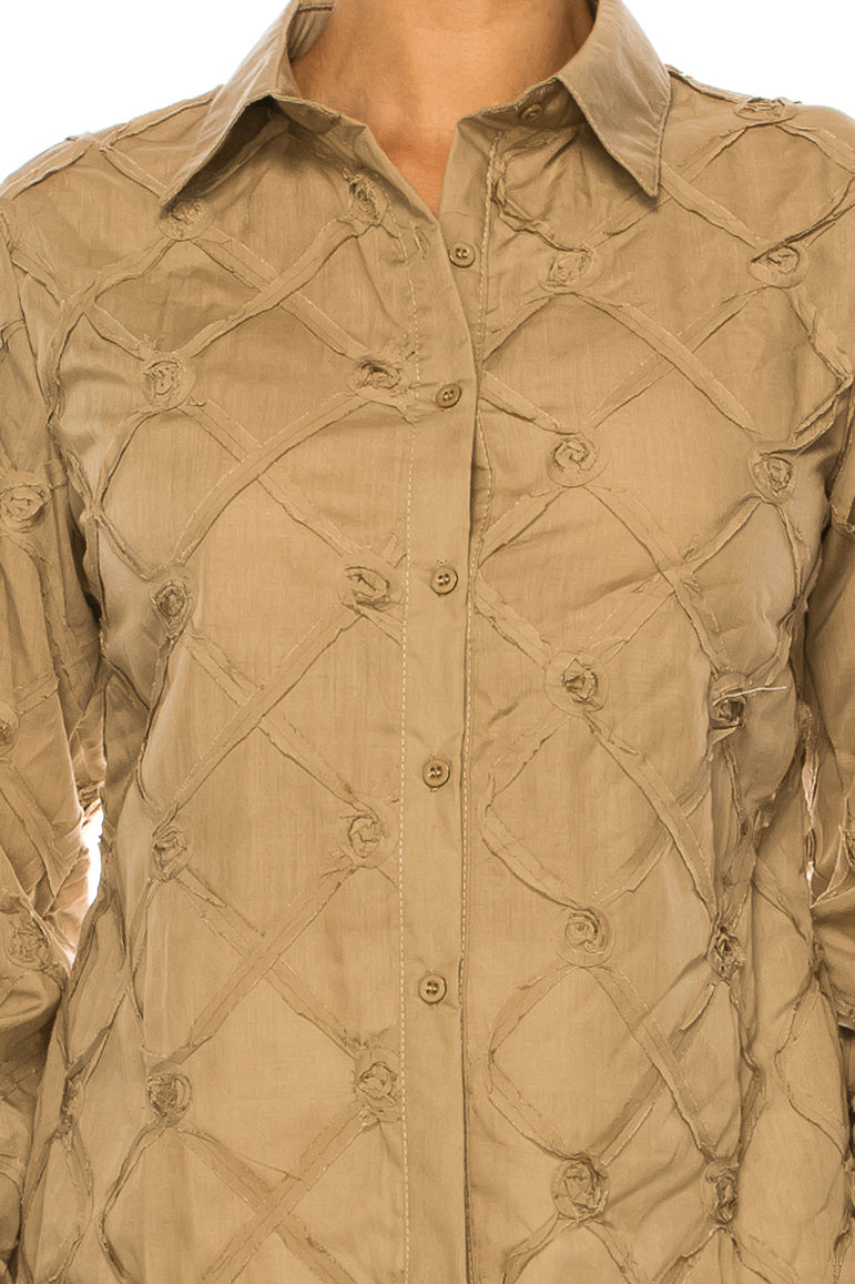 Vivid Long Sleeve Ribbon Applique Button Down Top