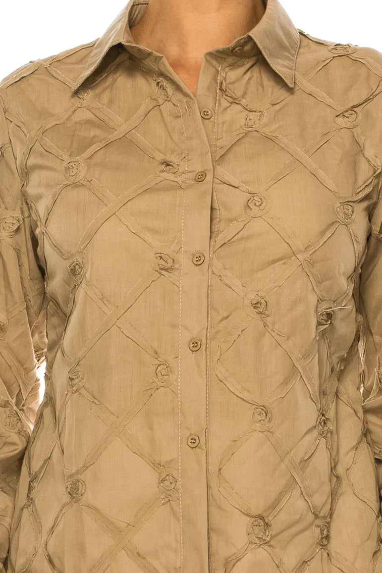 Vivid Long Sleeve Ribbon Applique Button Down Top