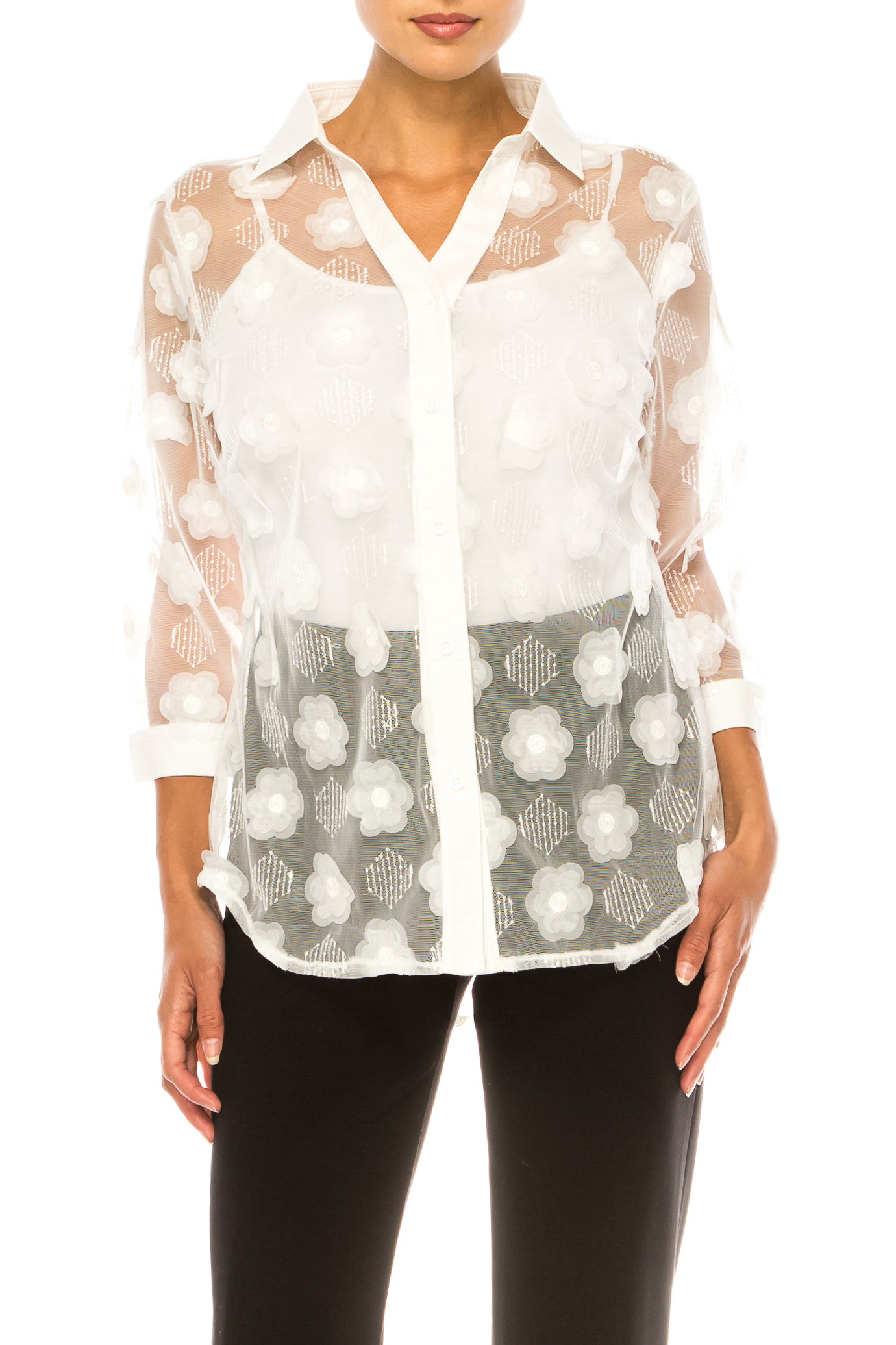 Vivid Floral Applique Sheer Button Down Shirt