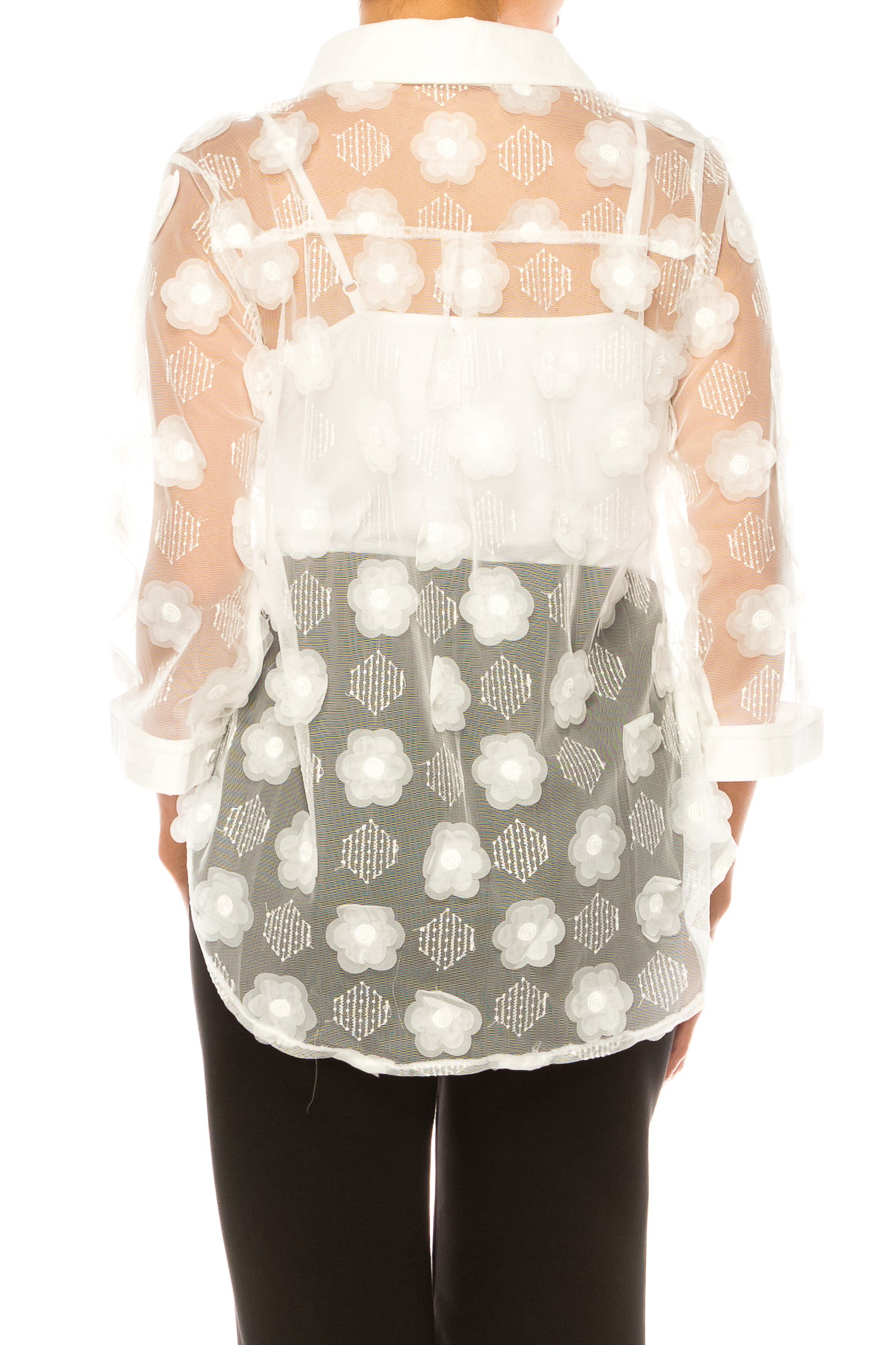 Vivid Floral Applique Sheer Button Down Shirt