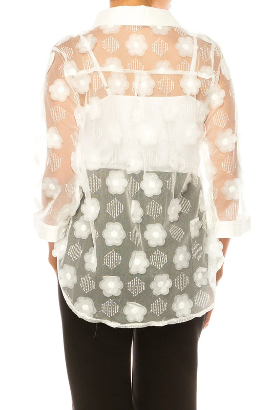 Vivid Floral Applique Sheer Button Down Shirt