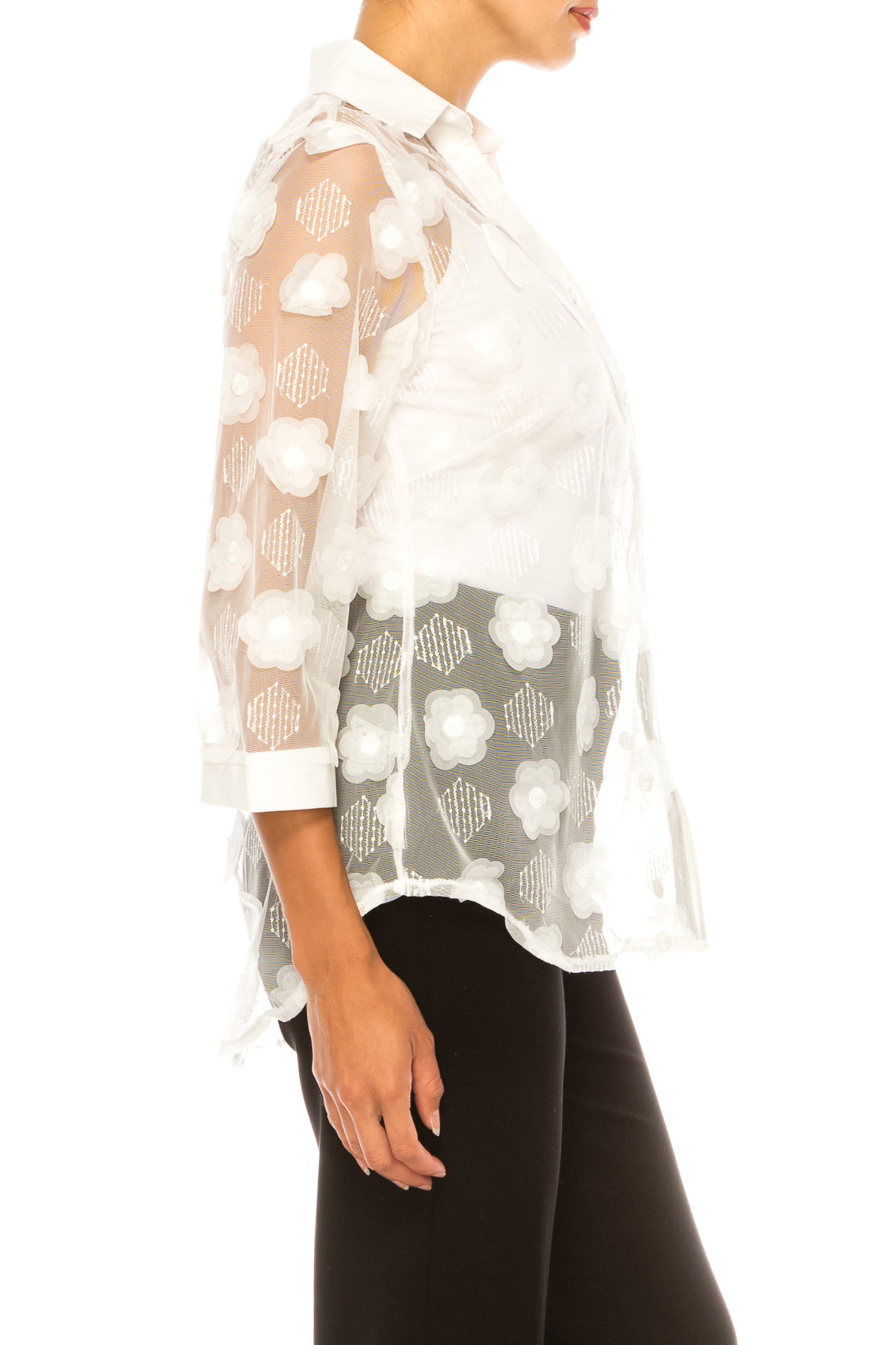 Vivid Floral Applique Sheer Button Down Shirt