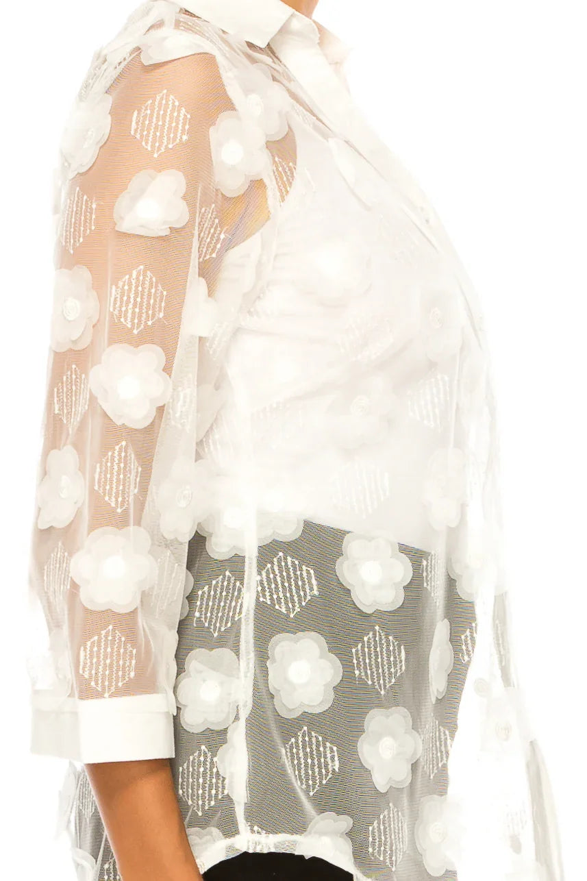 Vivid Floral Applique Sheer Button Down Shirt