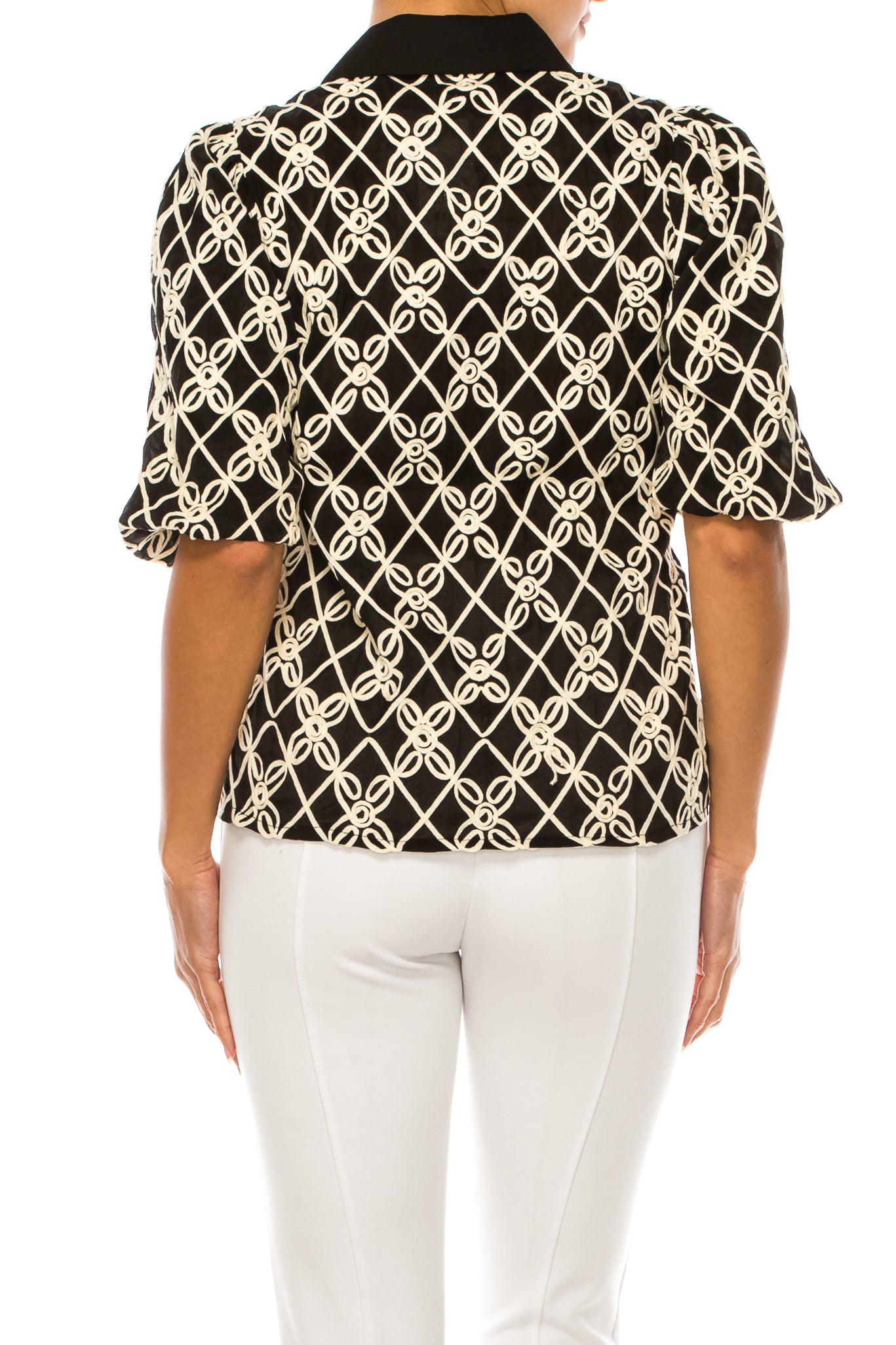 Vivid Button Down Macrame Loop Puff Sleeve Top