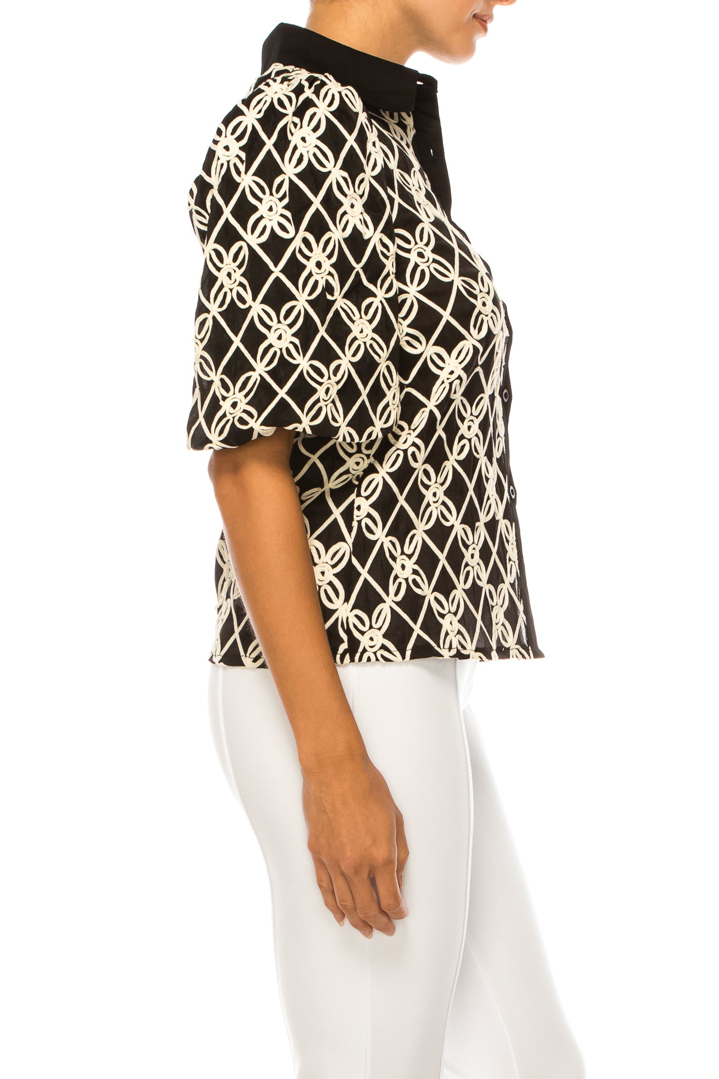 Vivid Button Down Macrame Loop Puff Sleeve Top