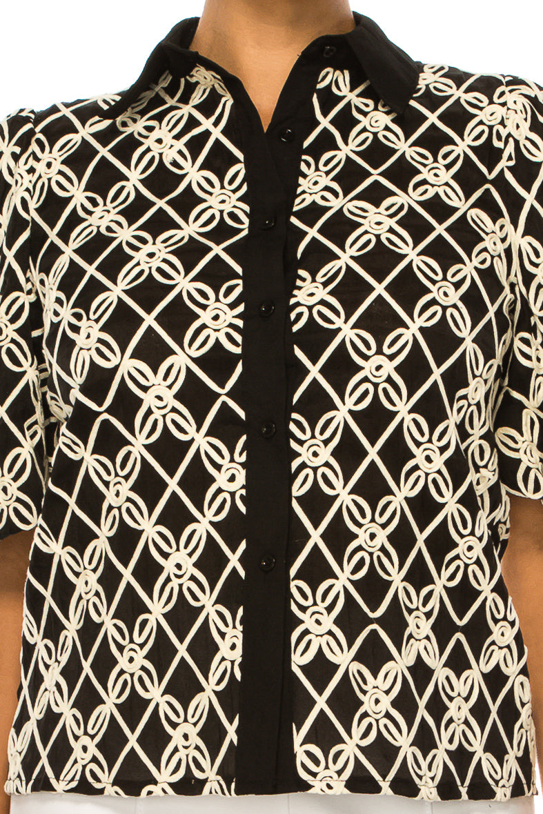 Vivid Button Down Macrame Loop Puff Sleeve Top