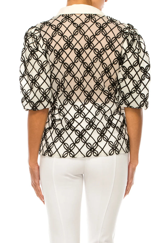 Vivid Button Down Macrame Loop Puff Sleeve Top