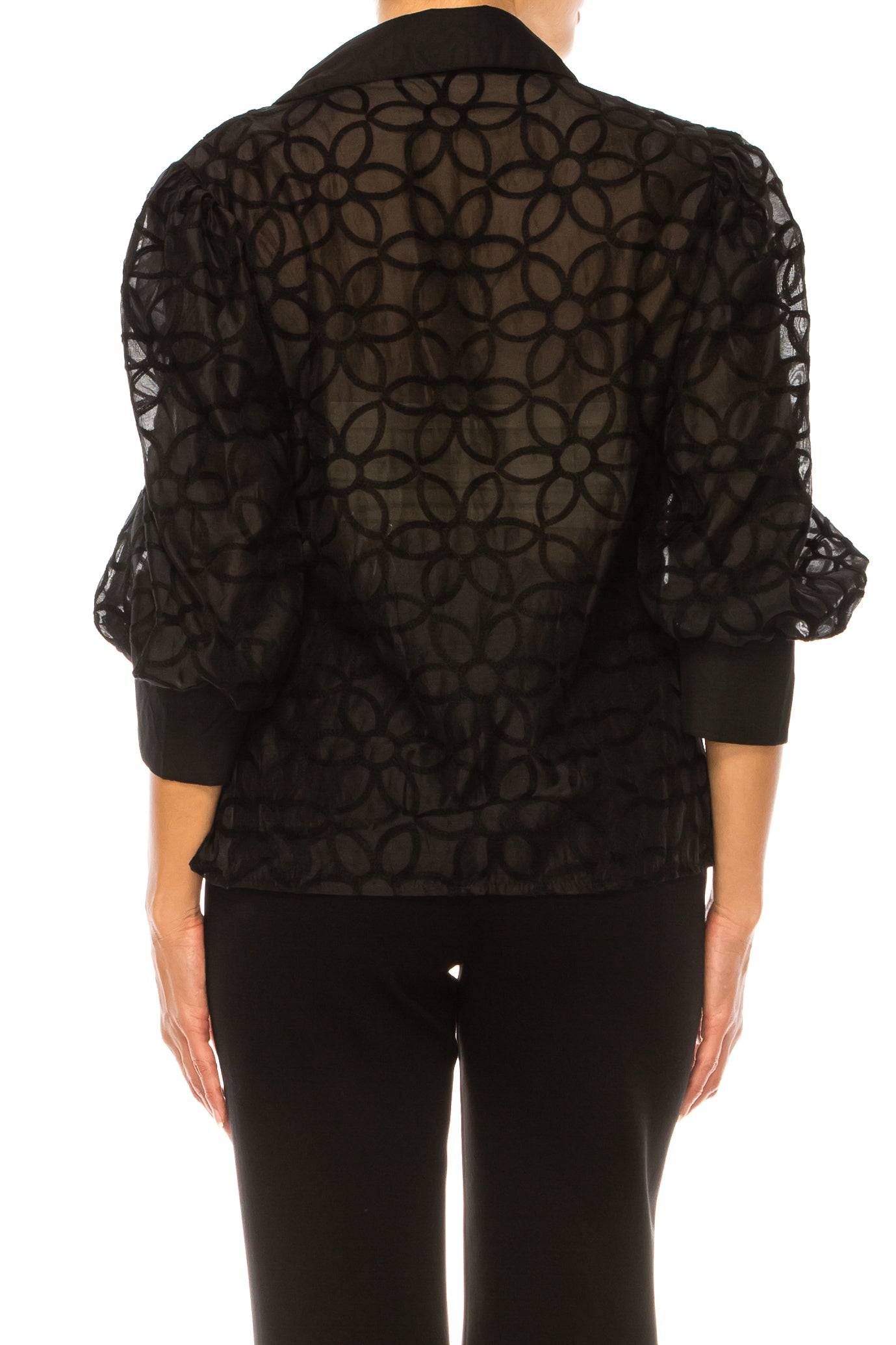 Vivid Embroidered Button Down 3/4 Puff Sleeve Top