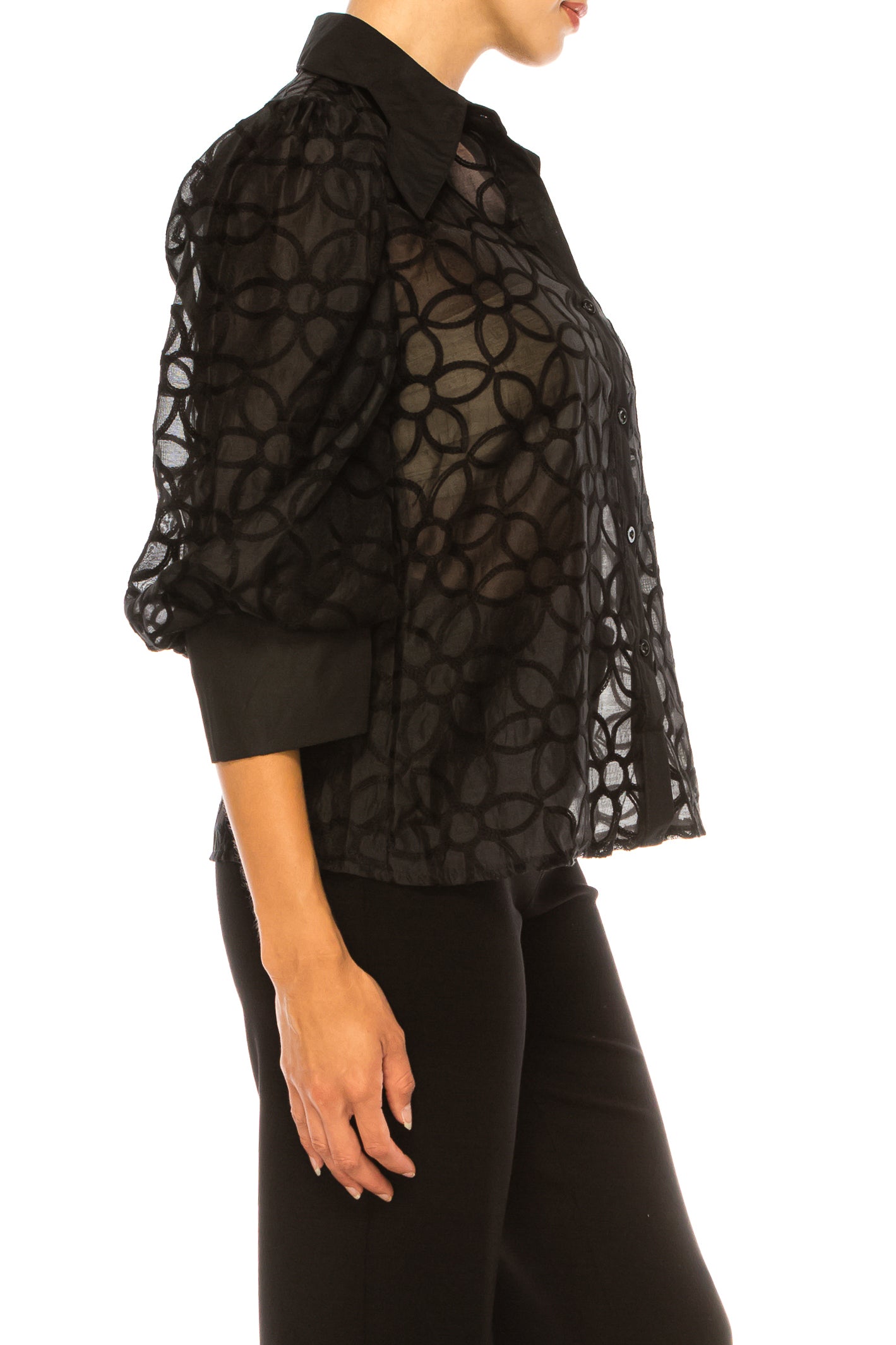 Vivid Embroidered Button Down 3/4 Puff Sleeve Top