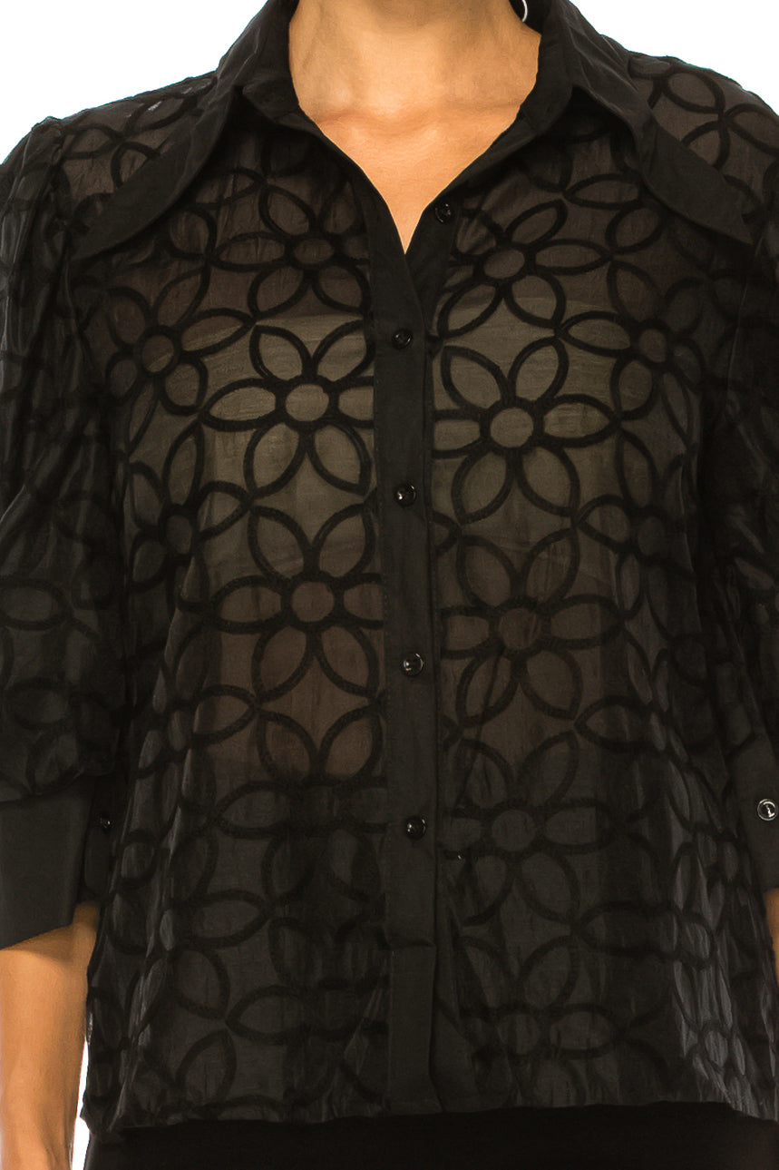 Vivid Embroidered Button Down 3/4 Puff Sleeve Top