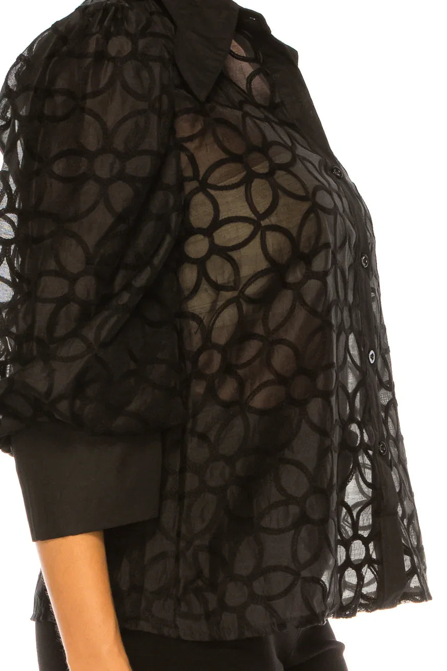 Vivid Embroidered Button Down 3/4 Puff Sleeve Top