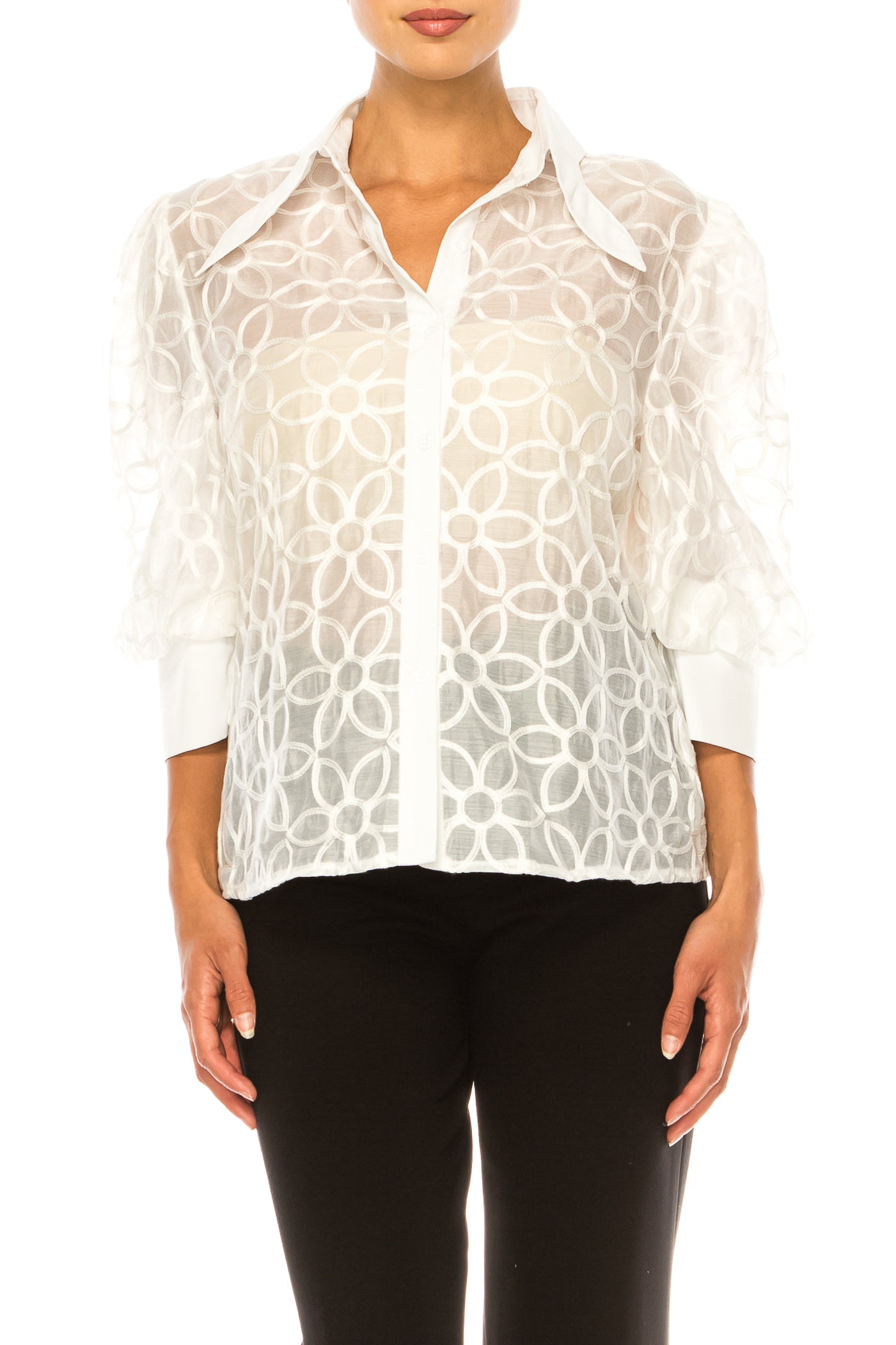 Vivid Embroidered Button Down 3/4 Puff Sleeve Top