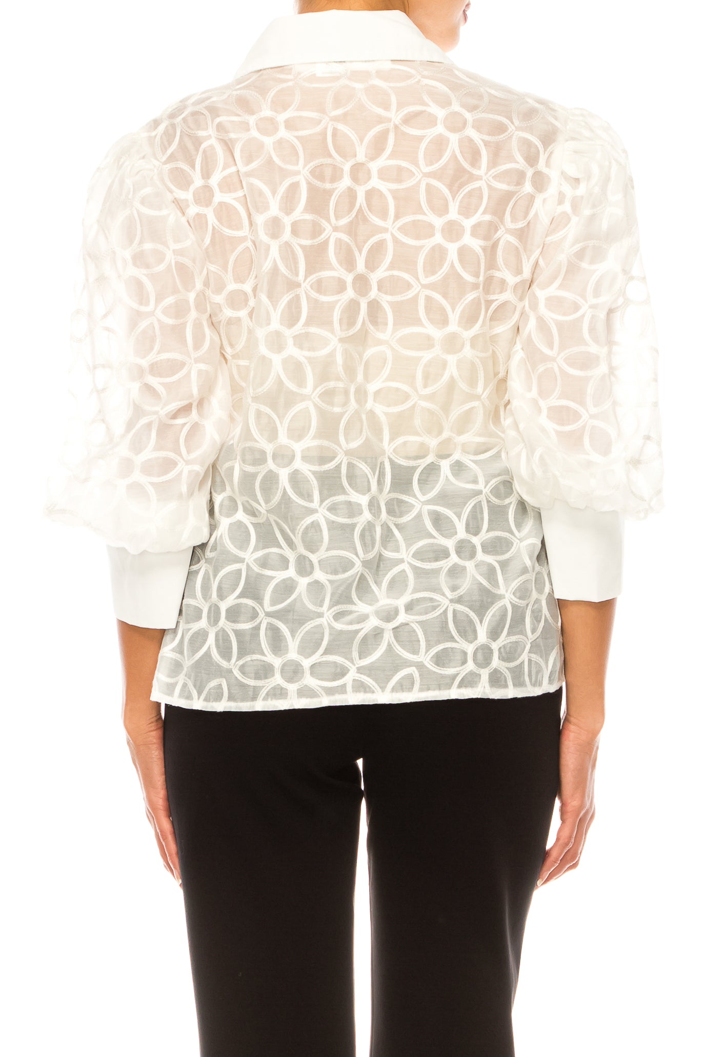 Vivid Embroidered Button Down 3/4 Puff Sleeve Top