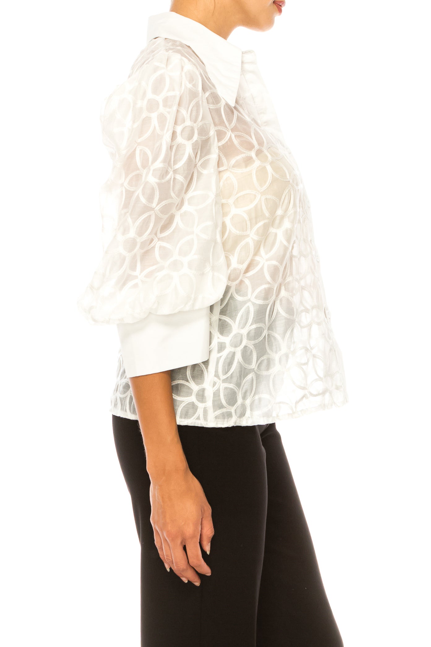 Vivid Embroidered Button Down 3/4 Puff Sleeve Top
