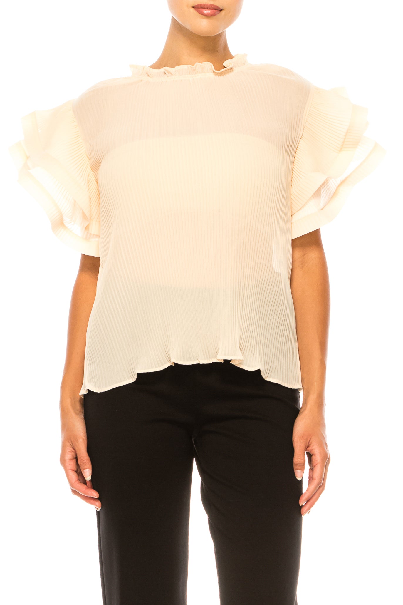 Vivid Short Tiered Sleeve Accordion Pleated Top
