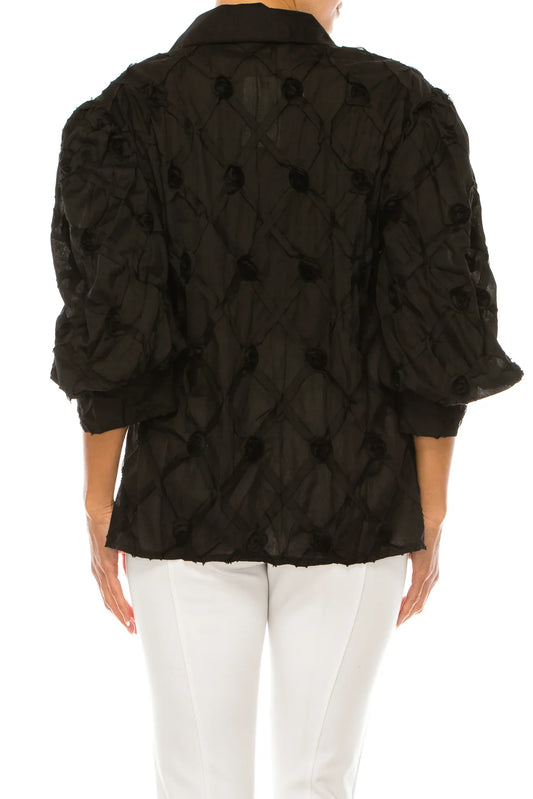 Vivid Puff Sleeve Ribbon Applique Button Down Top