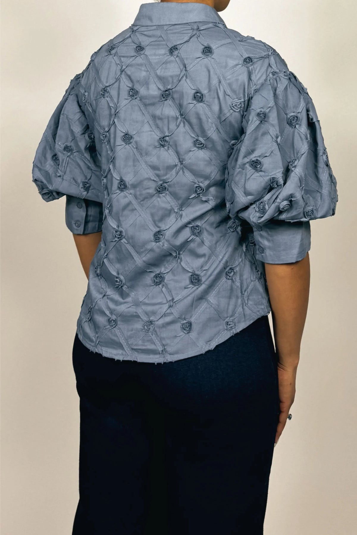 Vivid Puff Sleeve Ribbon Applique Button Down Top
