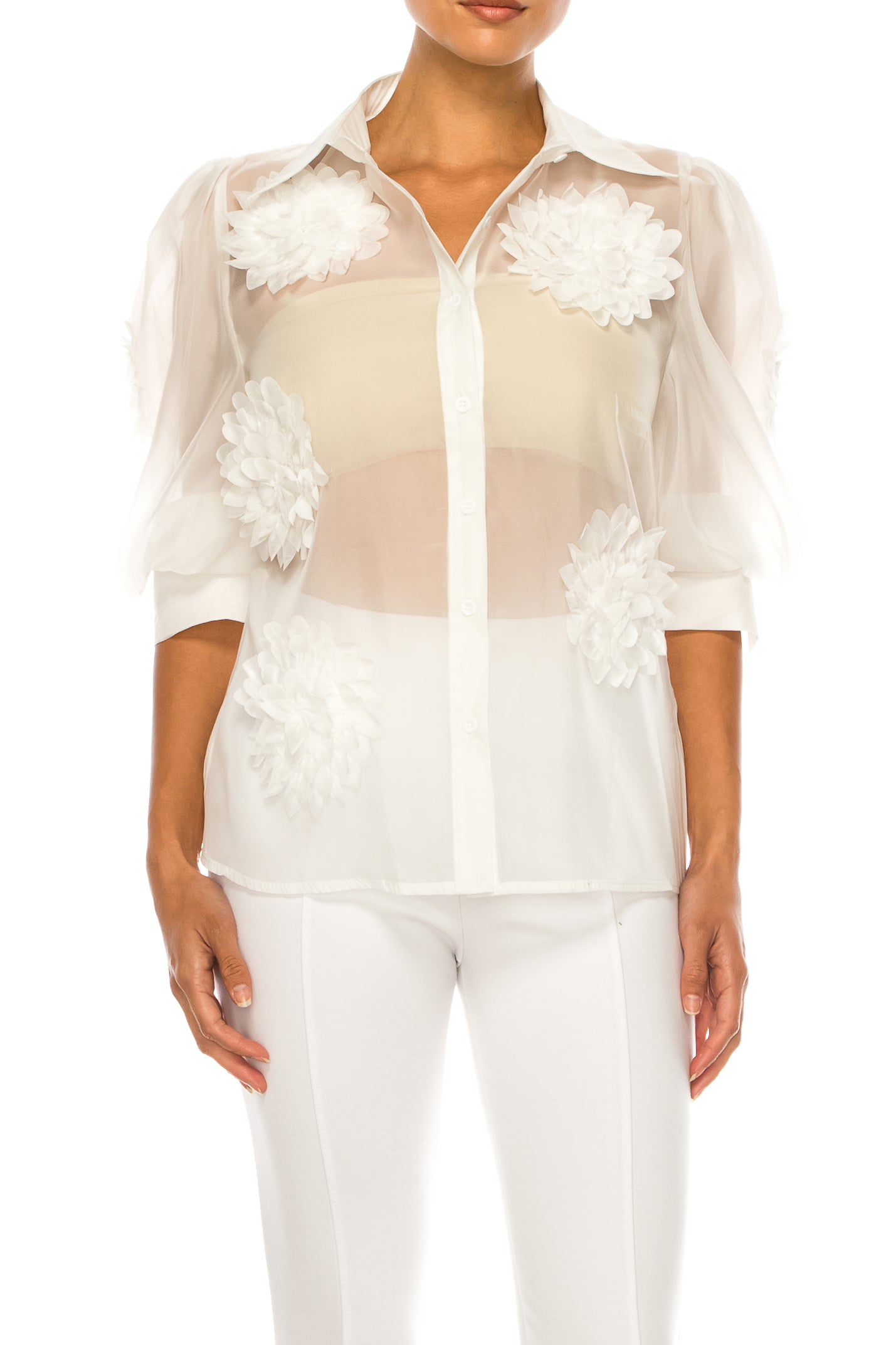Vivid Floral Applique Puff Sleeve Button Down Top