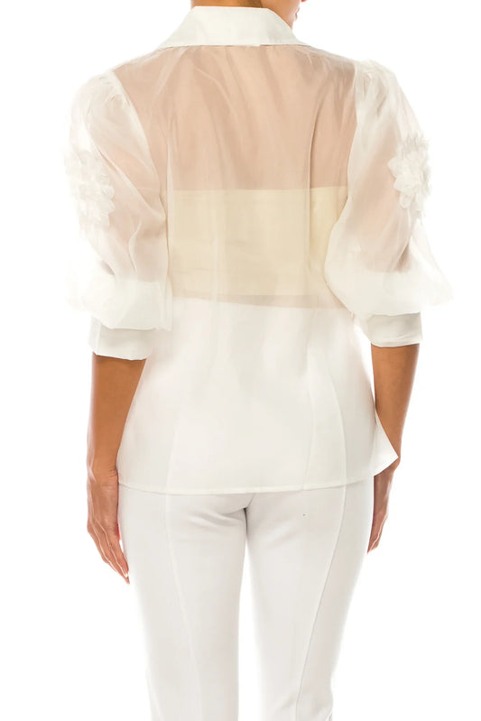 Vivid Floral Applique Puff Sleeve Button Down Top
