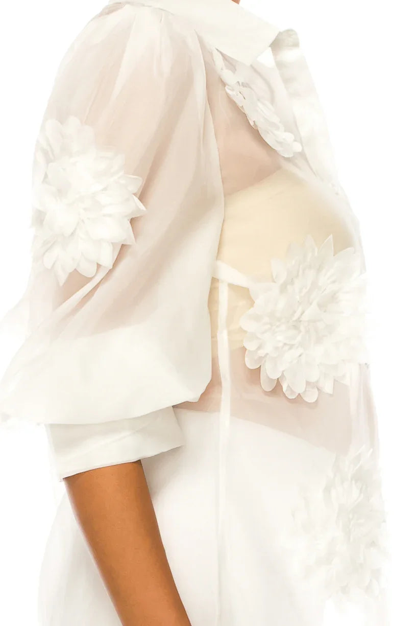 Vivid Floral Applique Puff Sleeve Button Down Top