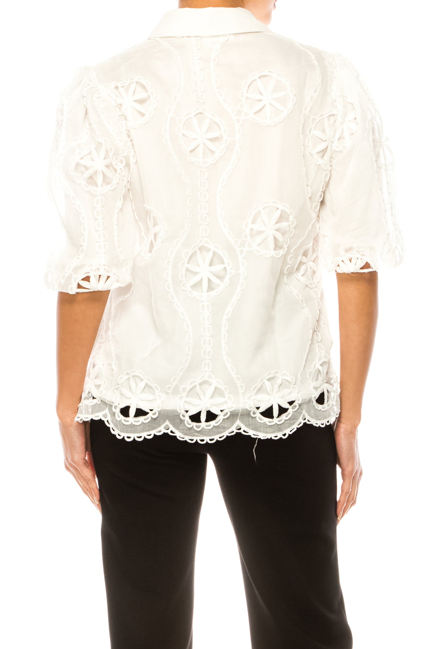 Vivid Puff Sleeve Embroidered Flower Cutout Shirt