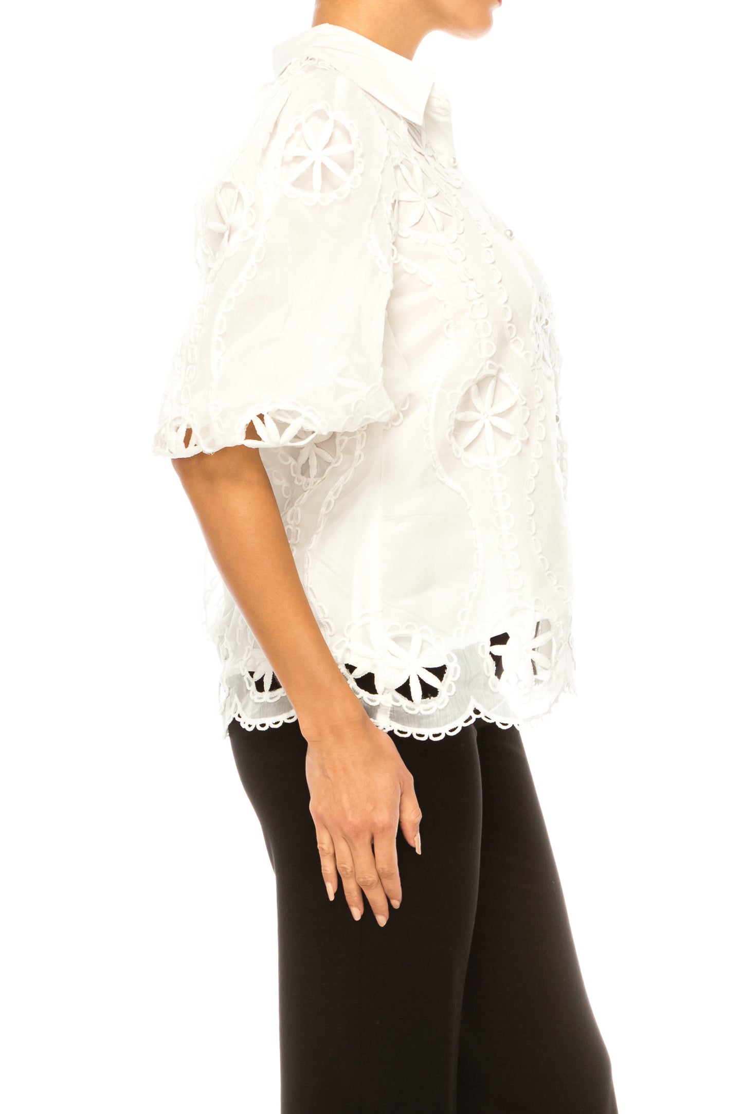 Vivid Puff Sleeve Embroidered Flower Cutout Shirt